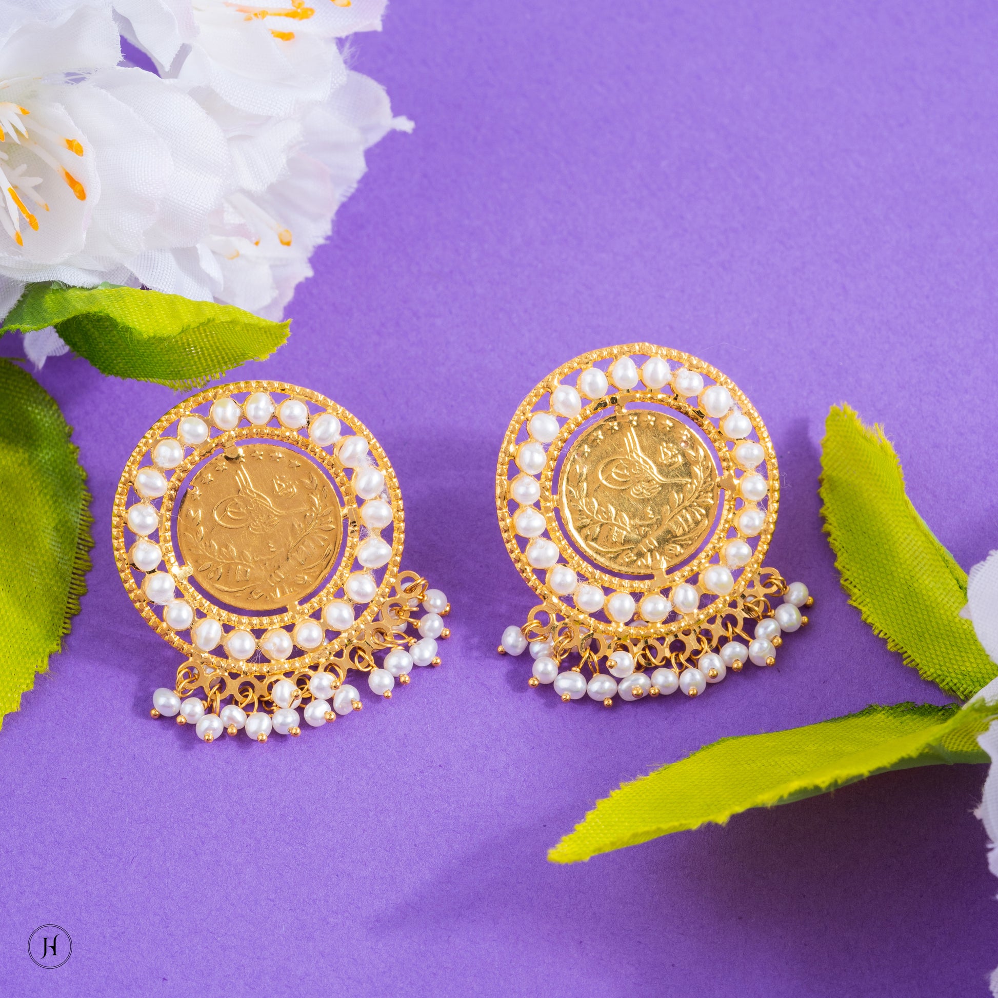 21K Yellow Gold Bahraini Pearl Coin Necklace Set for women |  arabic online jewellery store in UAE