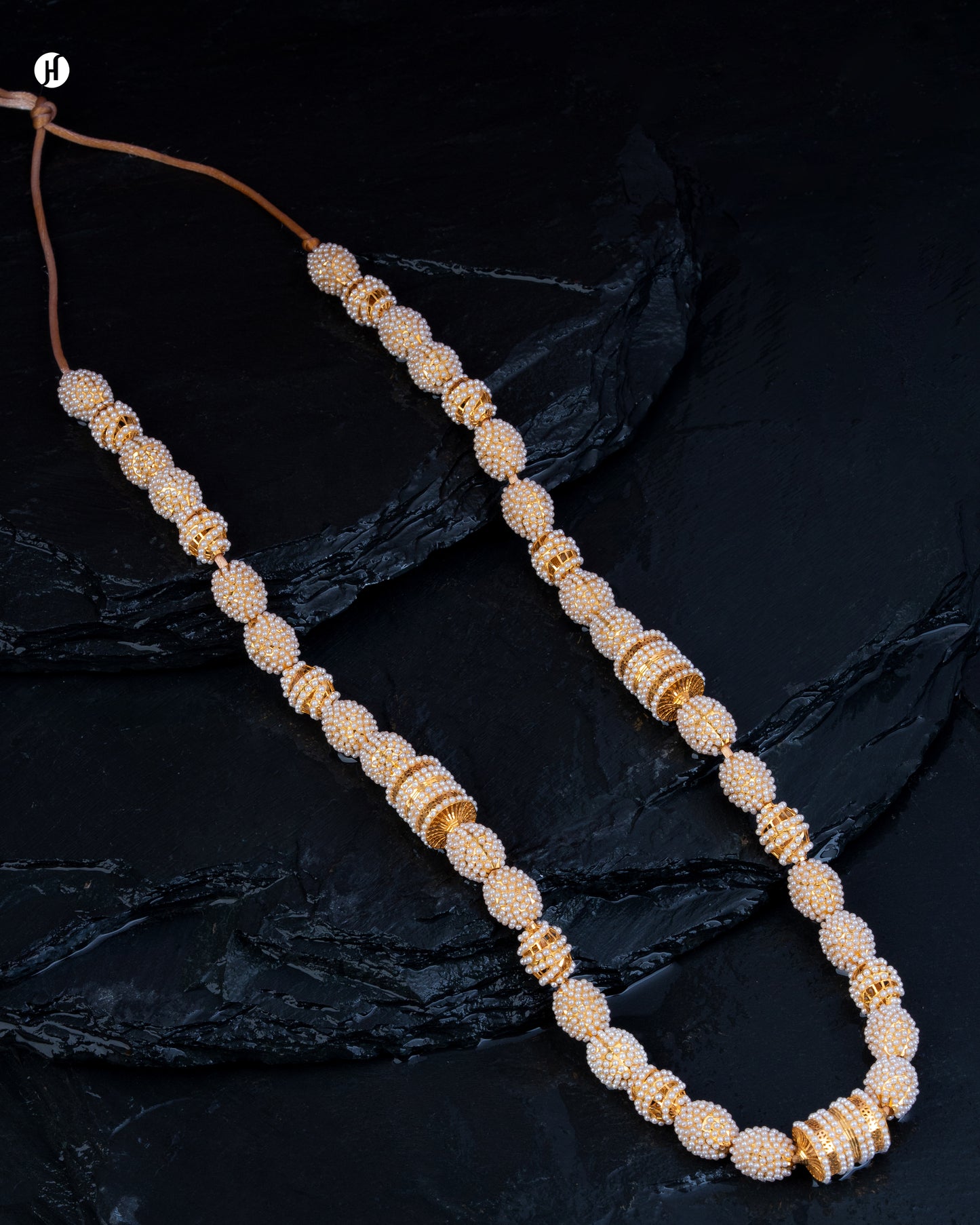 21Karat Yellow Gold Bahraini Pearl Scroll & Beads Long Necklace | Emirati Jewellery Store - J.H Jewellers Dubai and Sharjah.