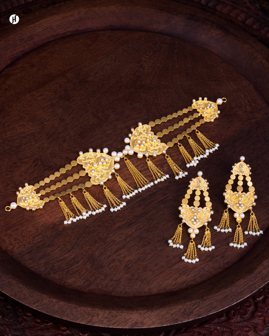 21Karat Yellow Gold Bahraini Pearl Tassel Choker Set