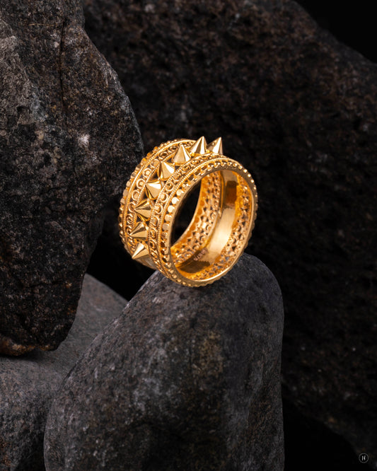 21Karat Yellow Gold Bahraini Triple-Band Spiked Statement Ring for