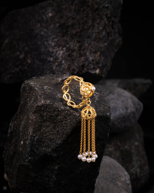 21Karat Yellow Gold Chain Ring with Pearled Tassel Drop for Arab Ladies in Dubai