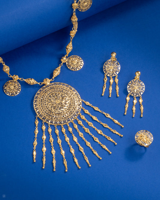 21Karat Yellow Gold Floral-Coin Necklace Set | Omani Bridal necklace design in UAE