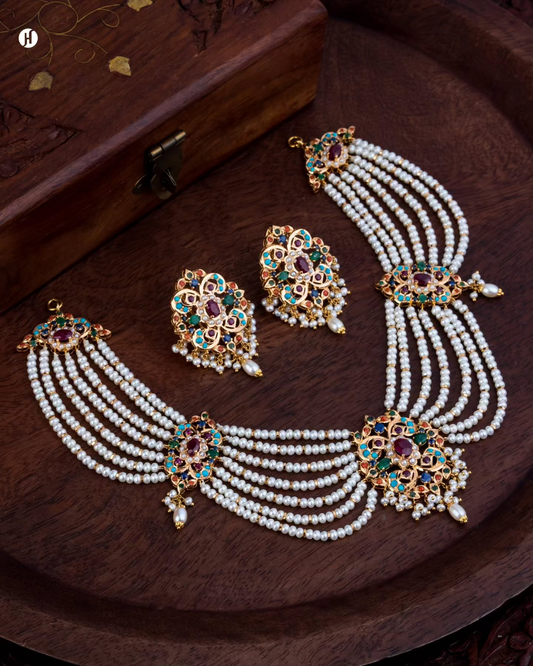 21Karat Yellow Gold Floral Pakistani Multi-Strand Pearl Gemstone Necklace Set.