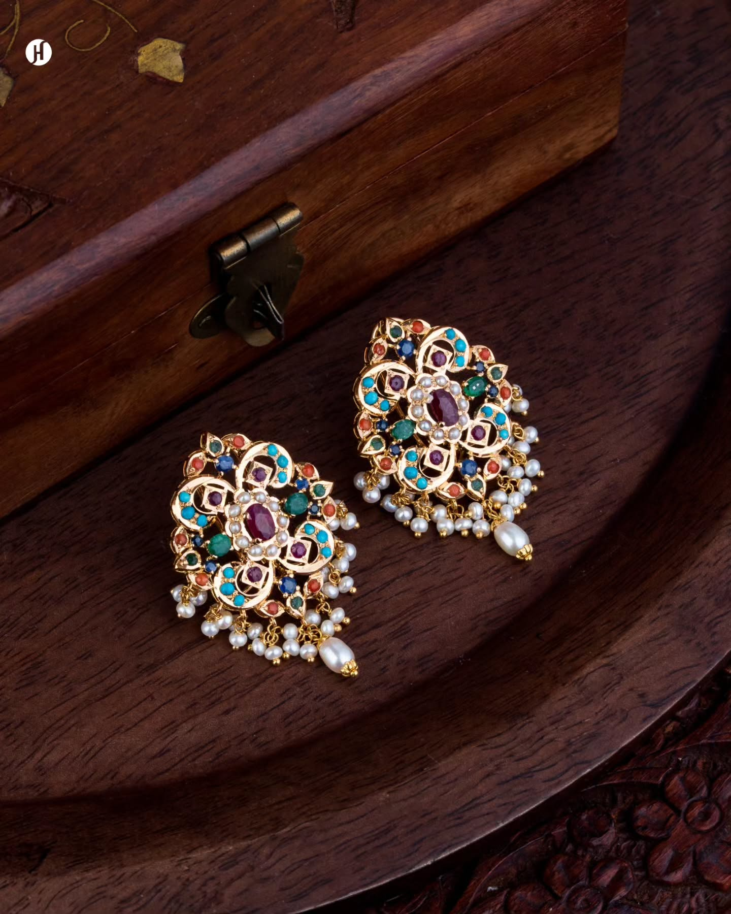 21Karat Yellow Gold Floral Pakistani  Pearl Multi-Gemstone Earrings.