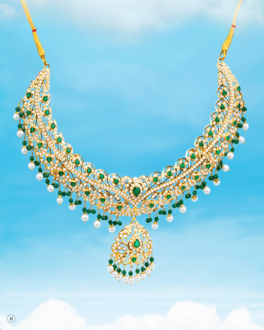 21K Yellow Gold Pakistani Floral Emerald Pearl Princess Necklace Set