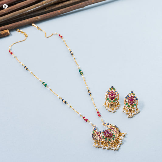 21Karat Yellow Gold Pakistani Floral Multi-Gemstone Necklace Set for women in UAE