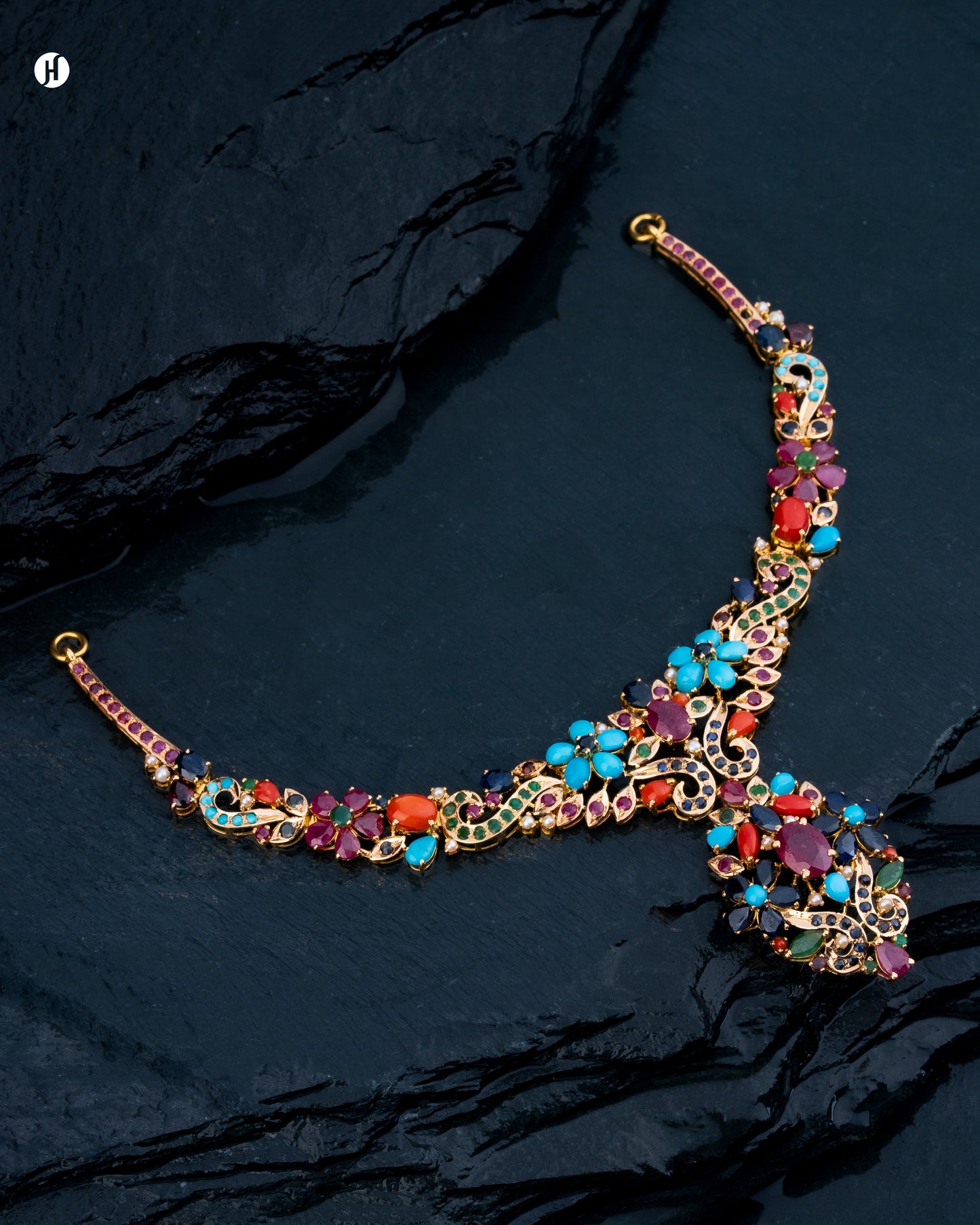 21Karat Yellow Gold Pakistani Floral Multi-Gemstone Pear-end Bridal Necklace for Arab Women.