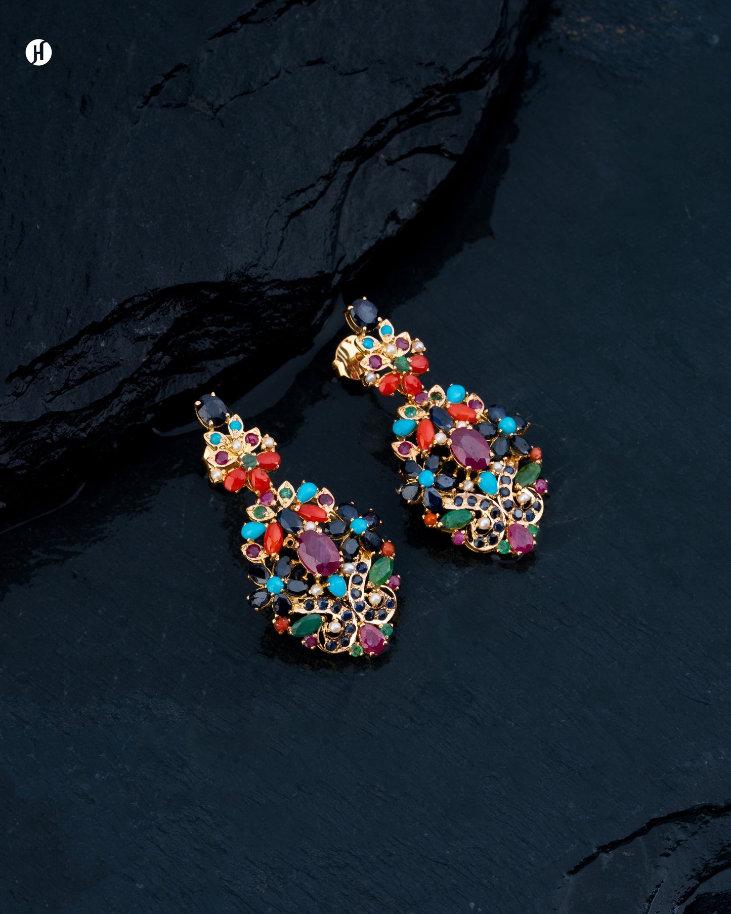 21Karat Yellow Gold Pakistani Floral Multi-Gemstone Pear-end Bridal Earrings for Arab Women.