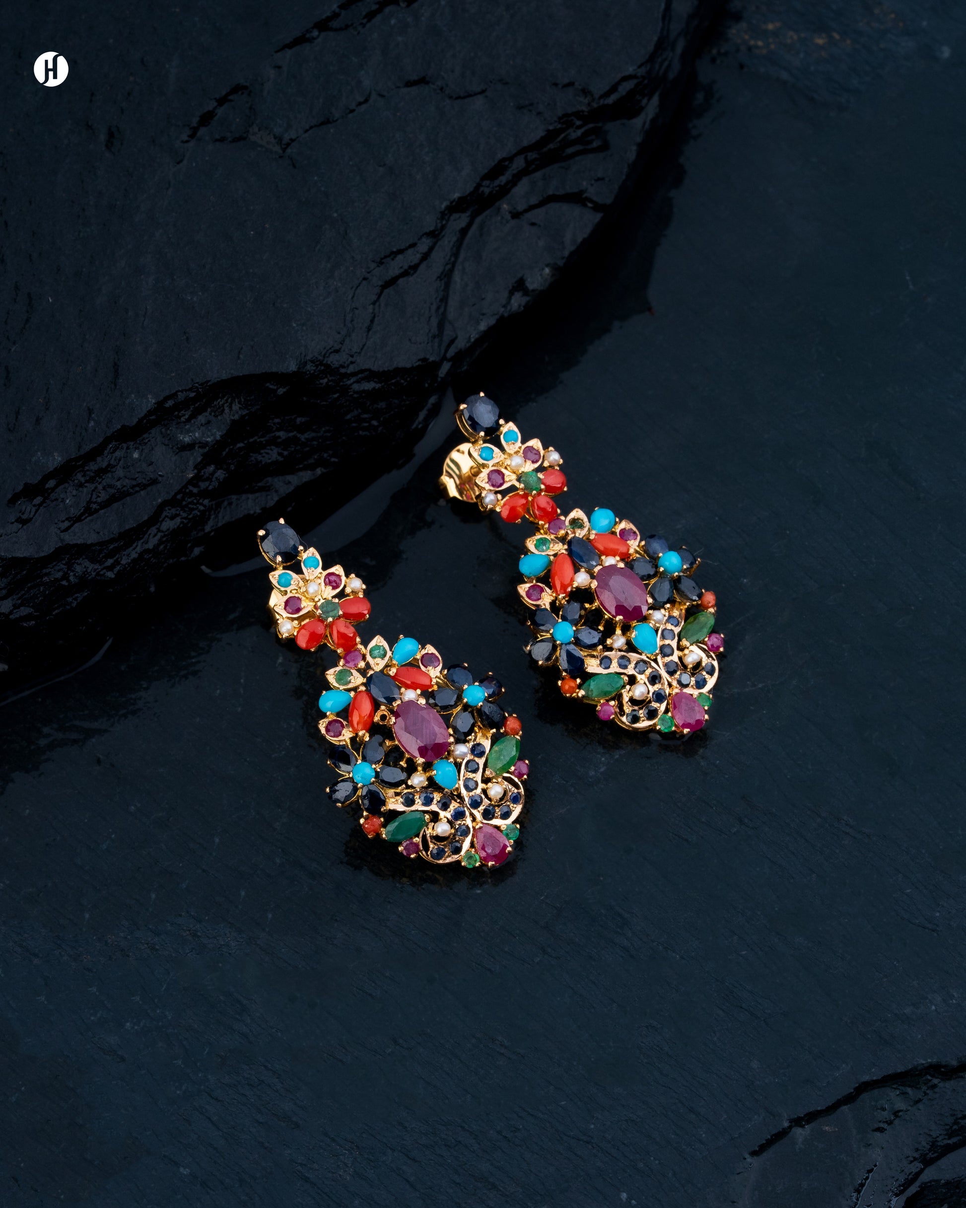 21Karat Yellow Gold Pakistani Floral Multi-Gemstone Pear-end Bridal Earrings for Arab Women.