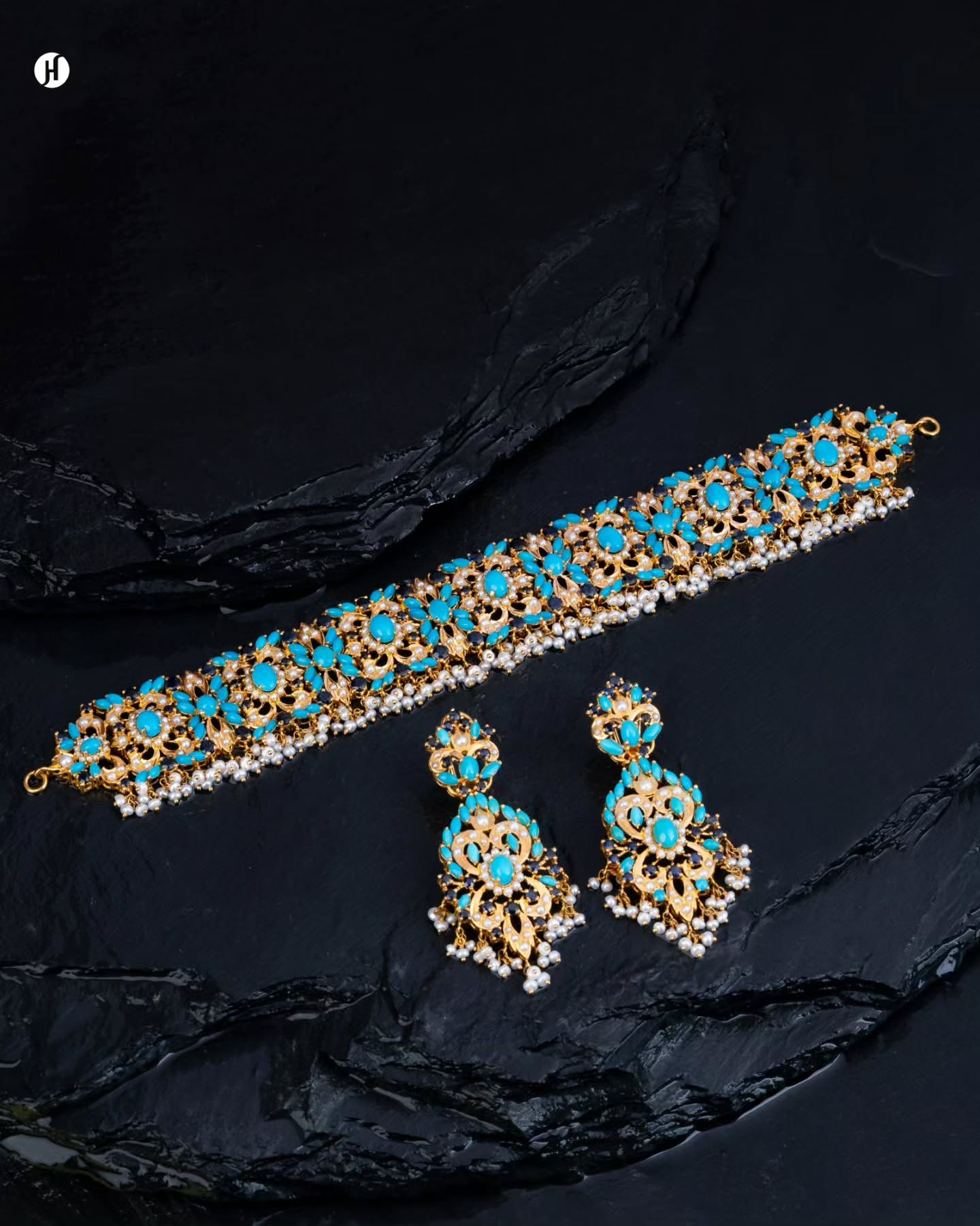 21Karat Yellow Gold Pakistani Floral Turquoise Choker Set | Bridal Necklace Set for Ladies - J.H Jewellers.