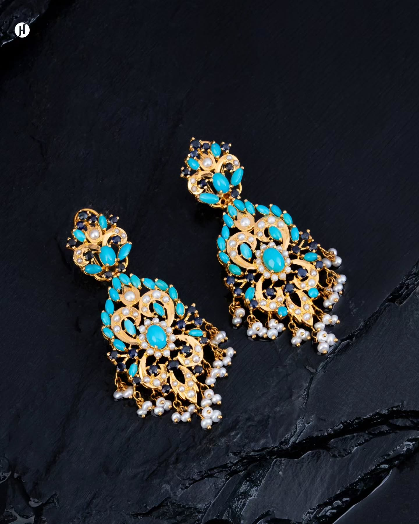 21Karat Yellow Gold Pakistani Floral Turquoise Earring Set with Turquoise | Bridal Earring Set for Ladies - J.H Jewellers.