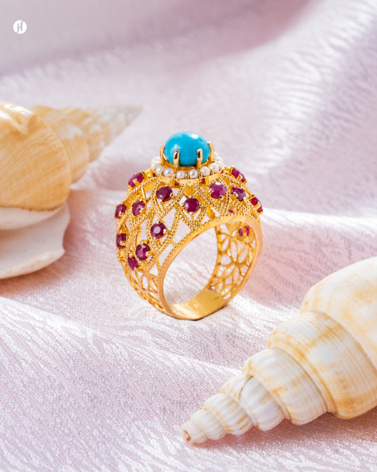 21Karat Yellow Gold Pakistani Floral Turquoise Multi-Gemstone Ring | online jewellery store