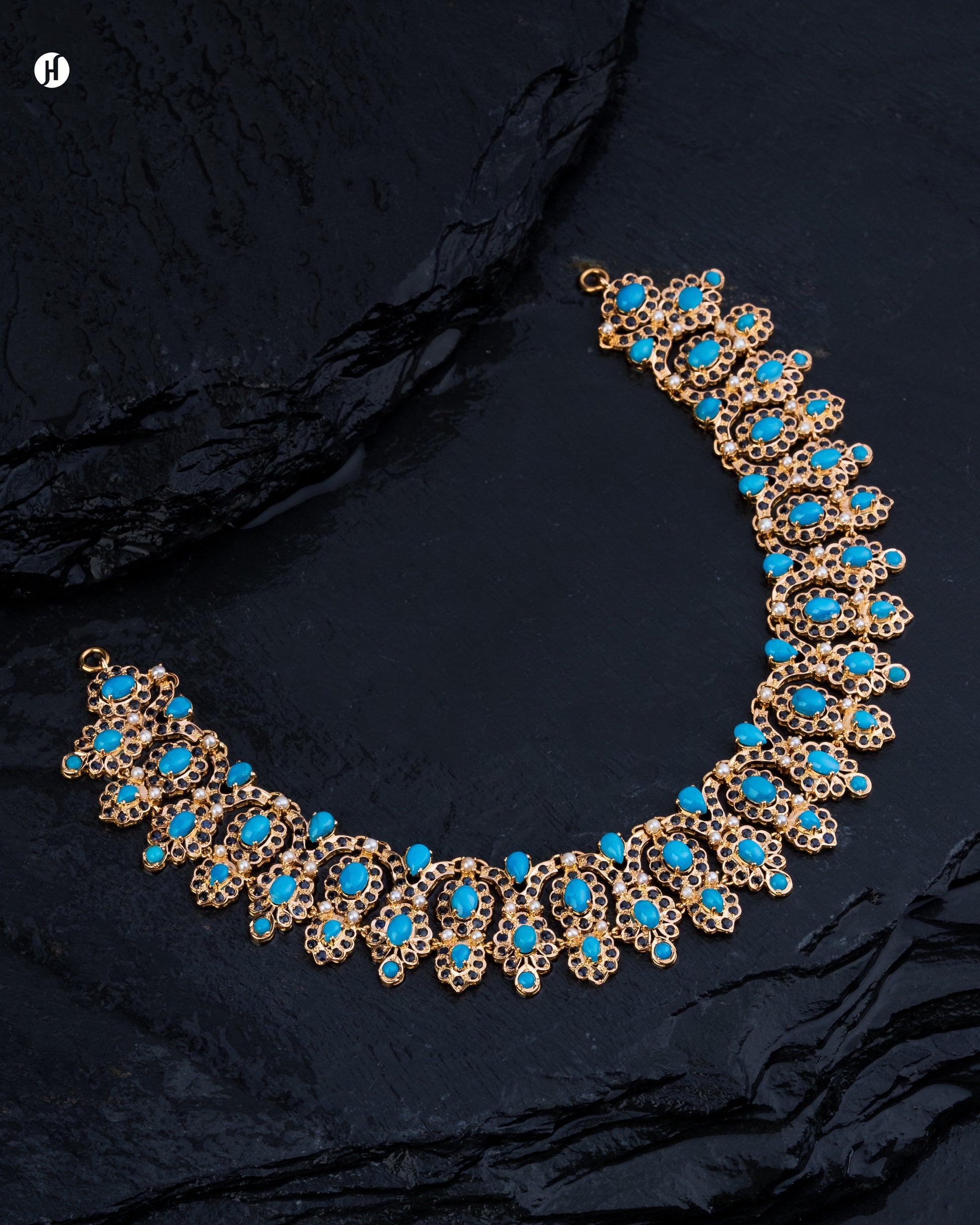 21Karat Yellow Gold Pakistani Floral Turquoise & Sapphire Necklace | Bridal Jewellery For Women - J.H Jewellers.