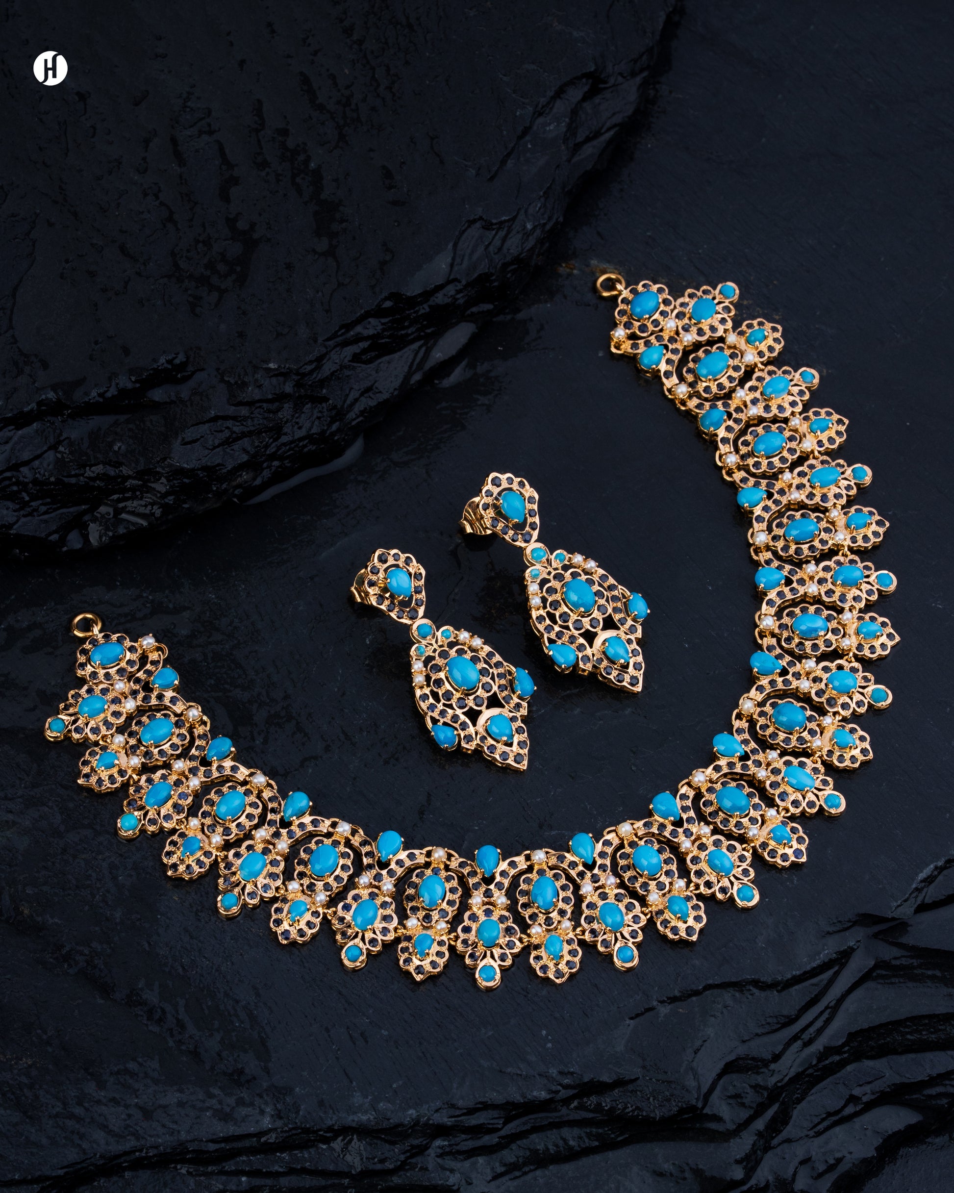 21Karat Yellow Gold Pakistani Floral Turquoise & Sapphire Necklace Set | Bridal Jewellery For Women - J.H Jewellers.