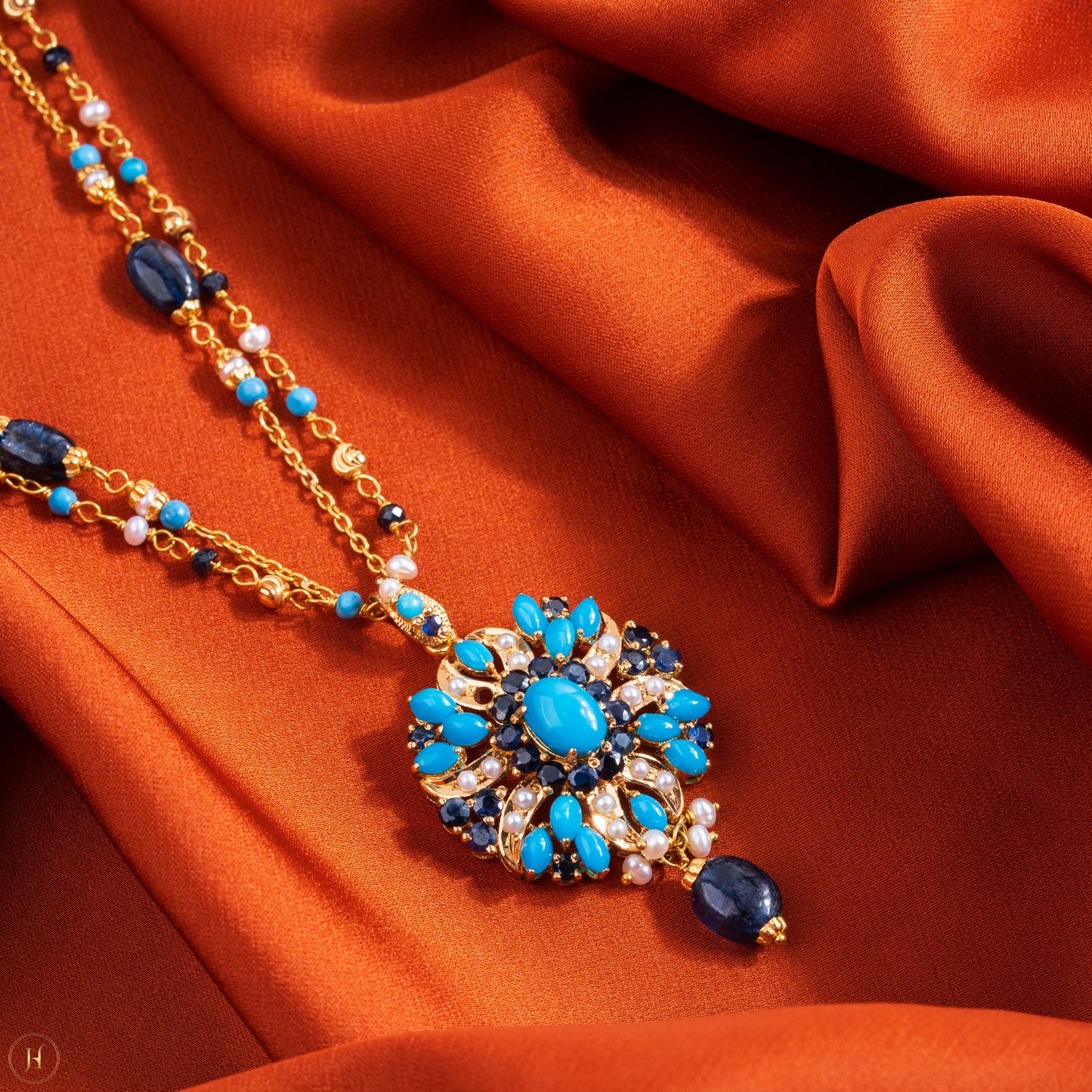 21K Yellow Gold Pakistani Flower Gemstone Necklace Set for women | online Arabic jewellery in UAE