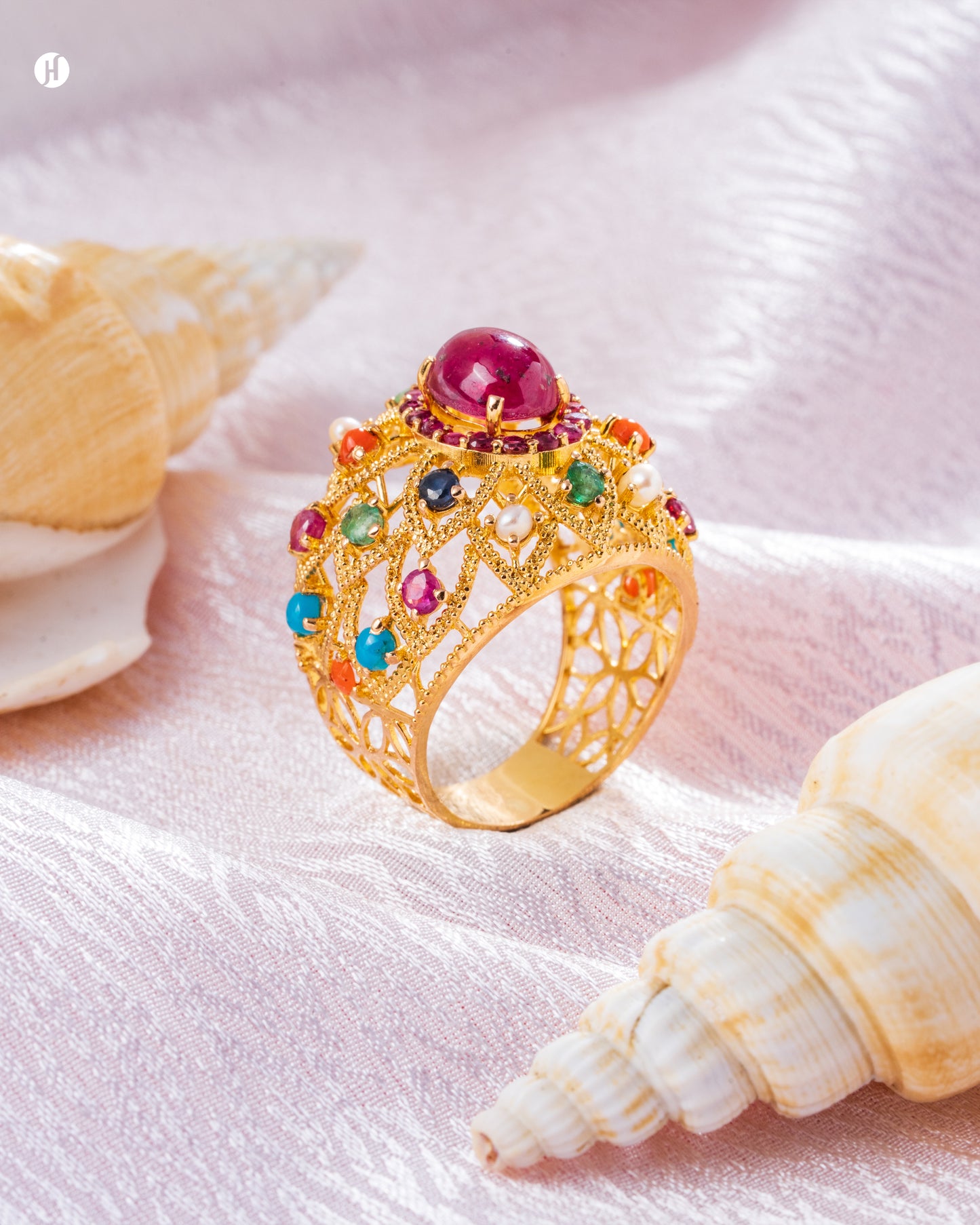21Karat Yellow Gold Pakistani Flower Ruby & Multi-Gemstone Ring for women in UAE | Online jewellery store