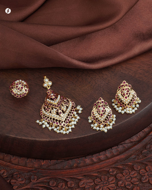 21Karat Yellow Gold Pakistani Gemstone Layered Dome Pendant Set for Ladies in  UAE