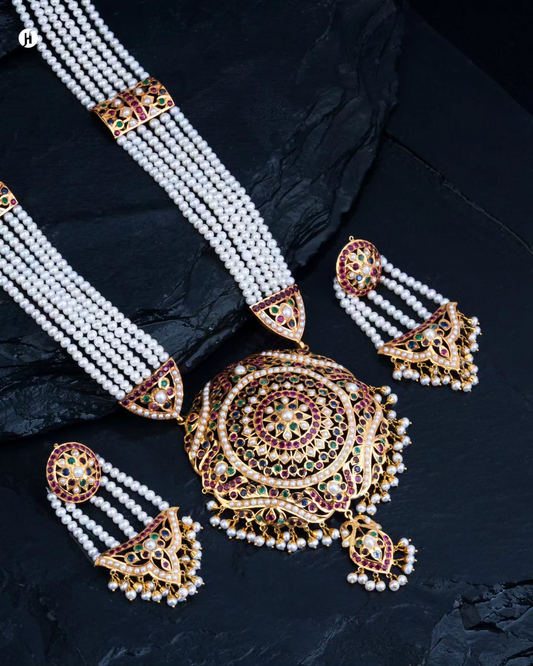 21Karat Yellow Gold Pakistani Majestic Floral Pearl Necklace Set.
