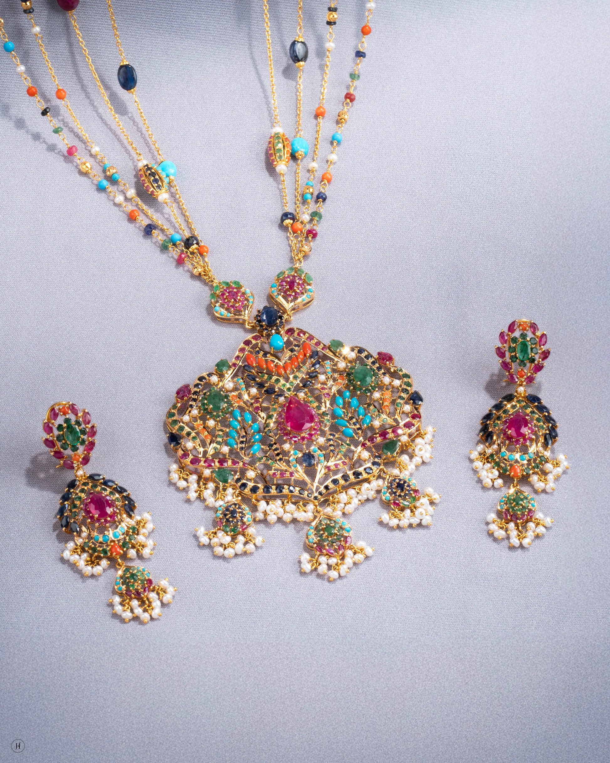 21Karat Yellow Gold Pakistani Majestic Multicolor Floral Ruby & Beaded Bridal Necklace Set for Ladies in Dubai, UAE