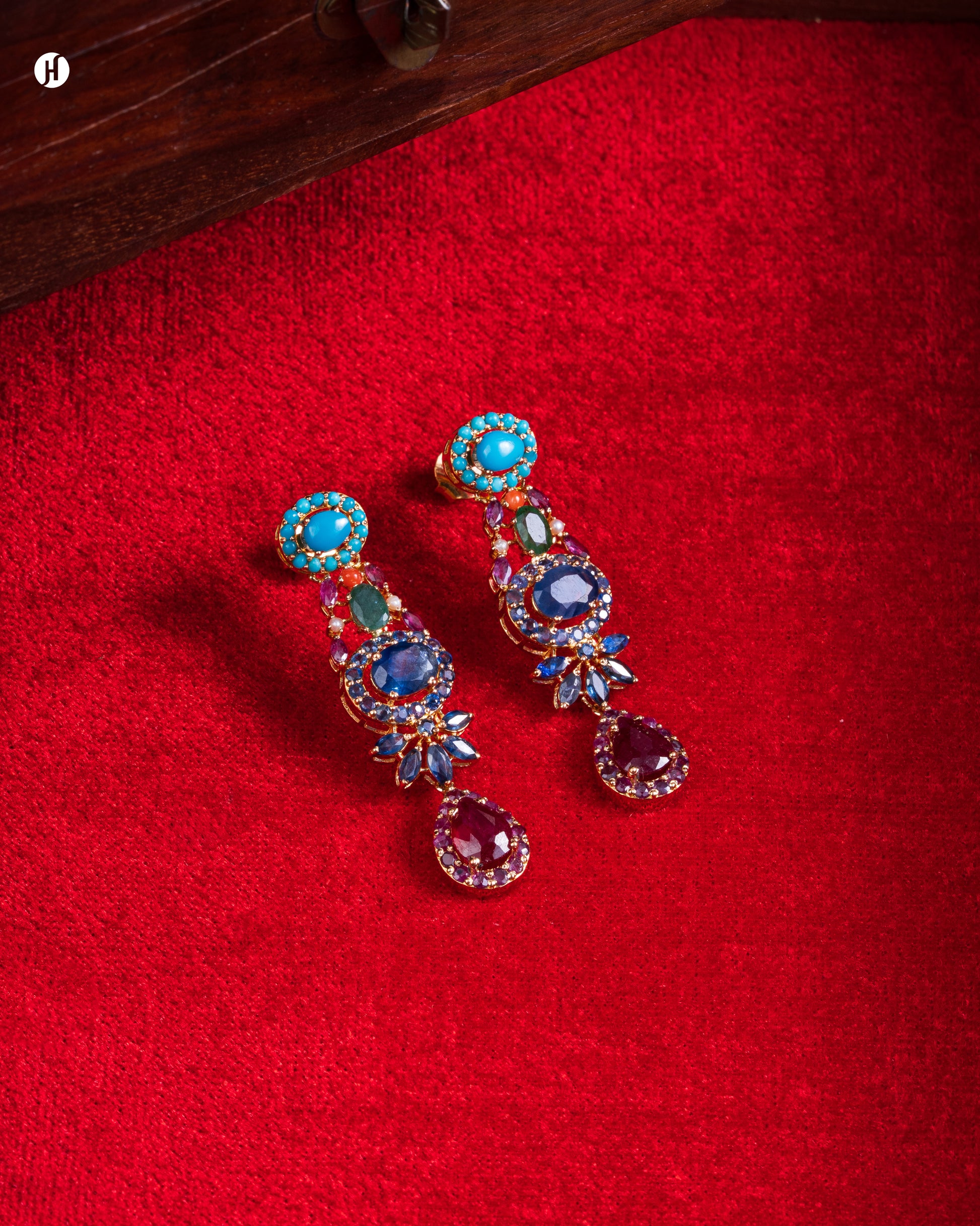 21Karat Yellow Gold Pakistani Multi-Flower Gemstone Earrings for Khaleeji women in UAE | Online Jewellery Store