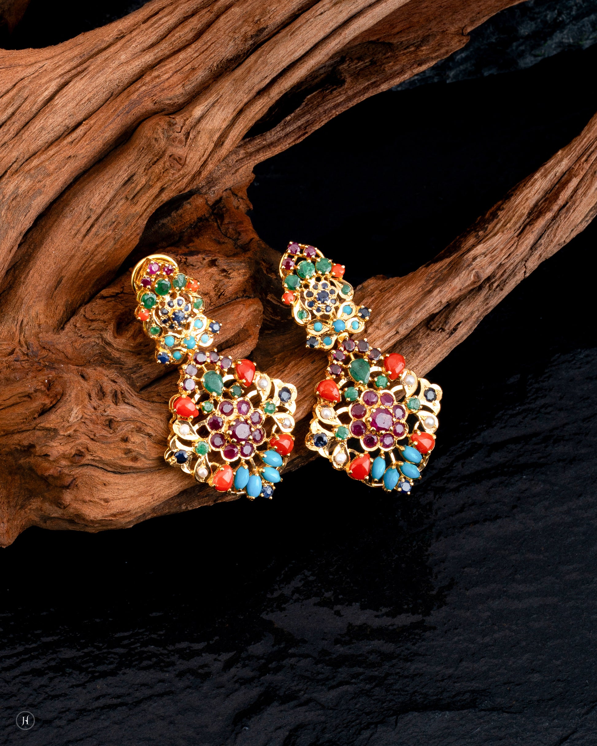 21Karat Yellow Gold Pakistani Multi-Gemstone Floral Bridal Drop Earrings For Arab Women.