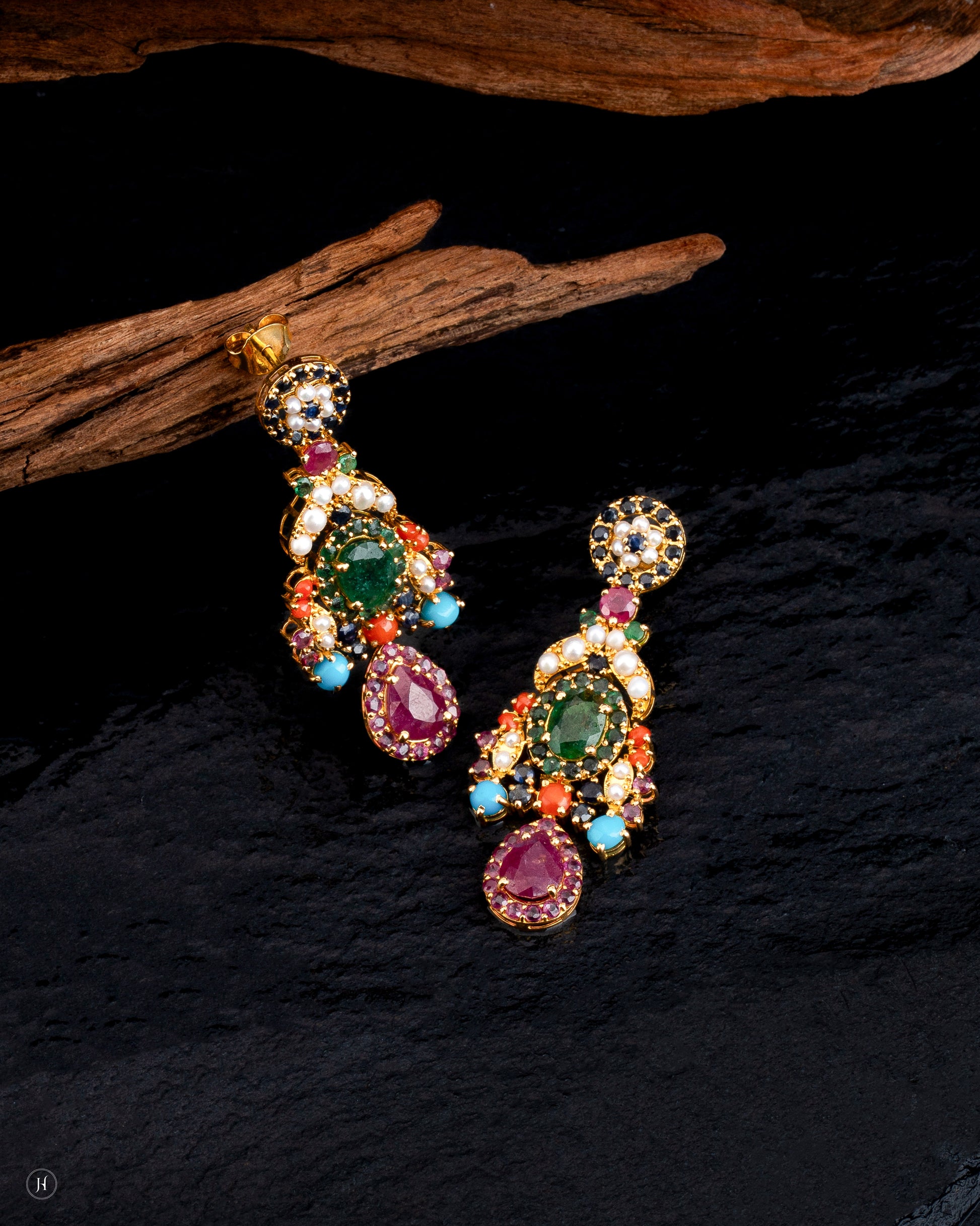 21Karat Yellow Gold Pakistani Multi-Gemstone Floral Drop Design Earrings Set