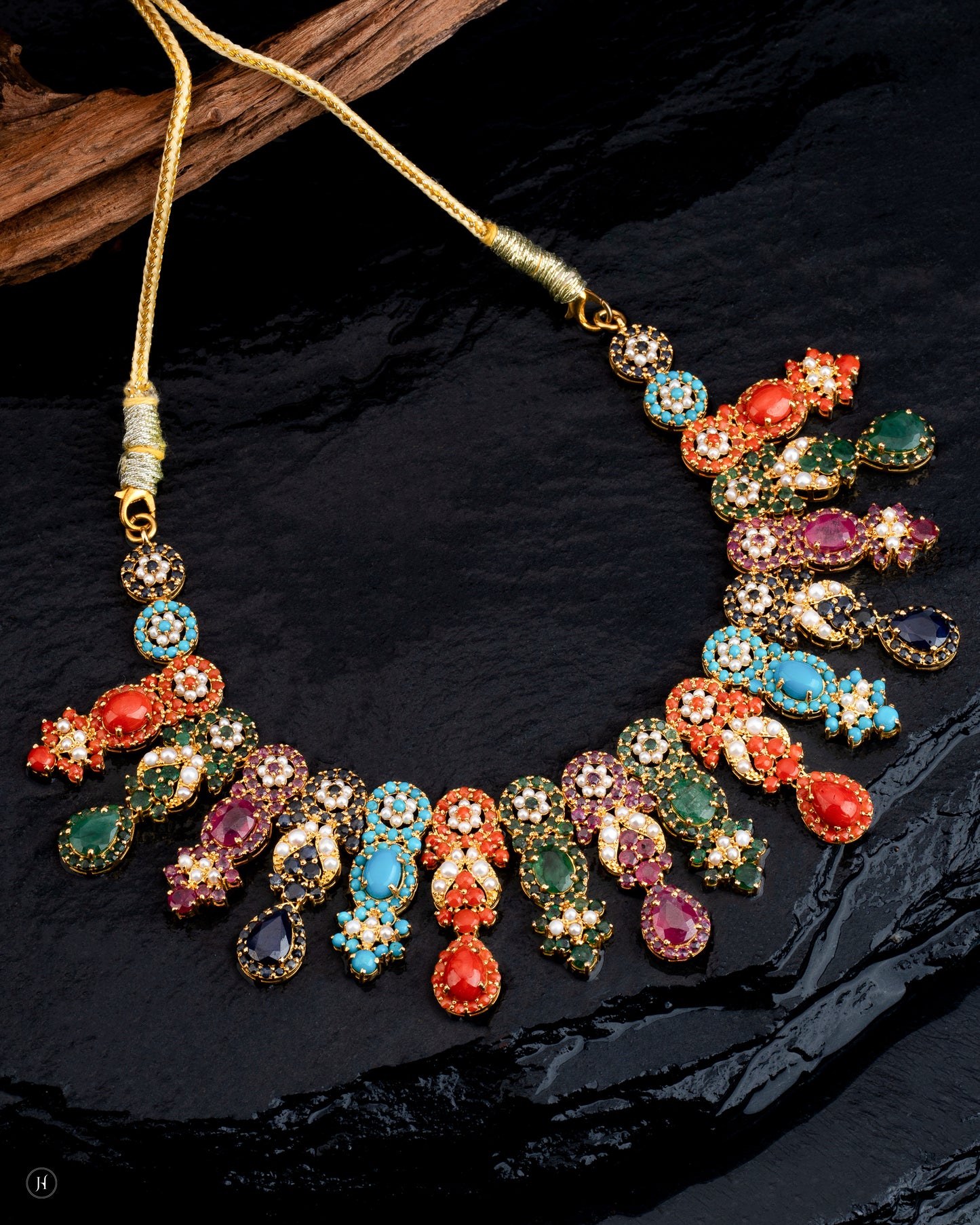 21Karat Yellow Gold Pakistani Multi-Gemstone Floral Drop Design Necklace