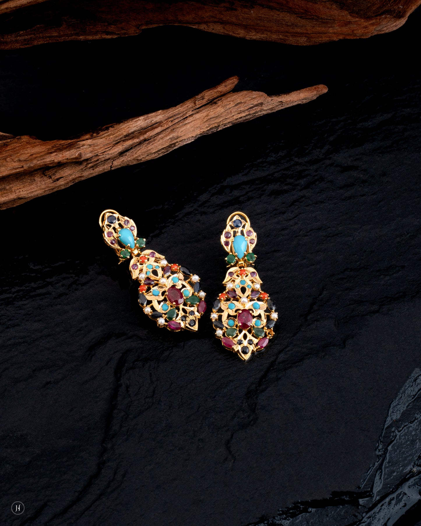 21Karat Yellow Gold Pakistani Multi-Gemstone Floral Earrings