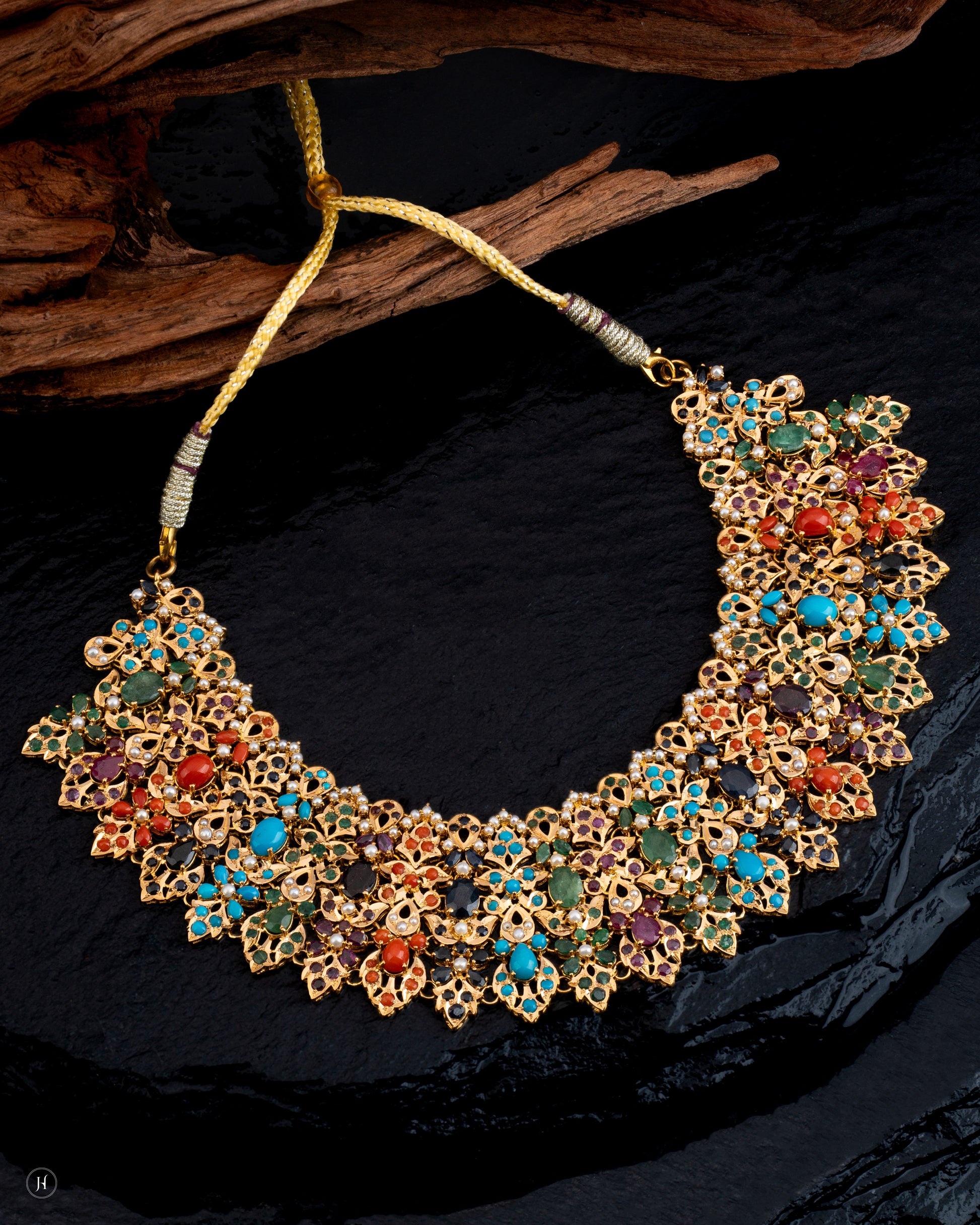 21Karat Yellow Gold Pakistani Multi-Gemstone Floral Leaf Princess Necklace