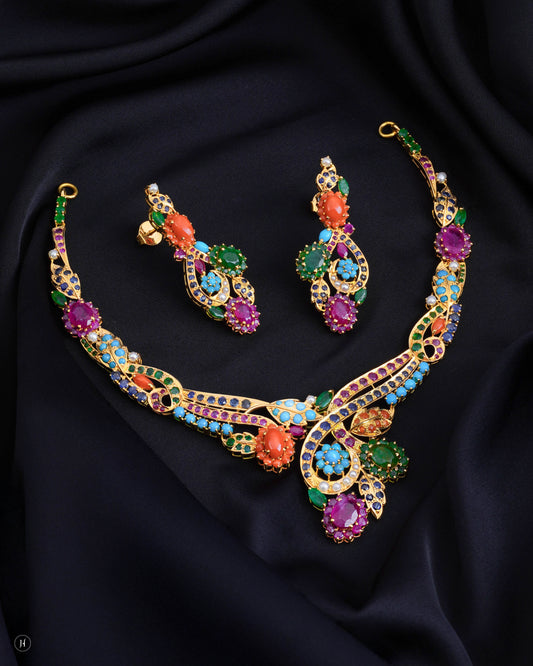 21Karat Yellow Gold Pakistani Multi-Gemstone Floral Motif Necklace Set | Online Gold Jewellery Store In UAE- J.H Jewellers