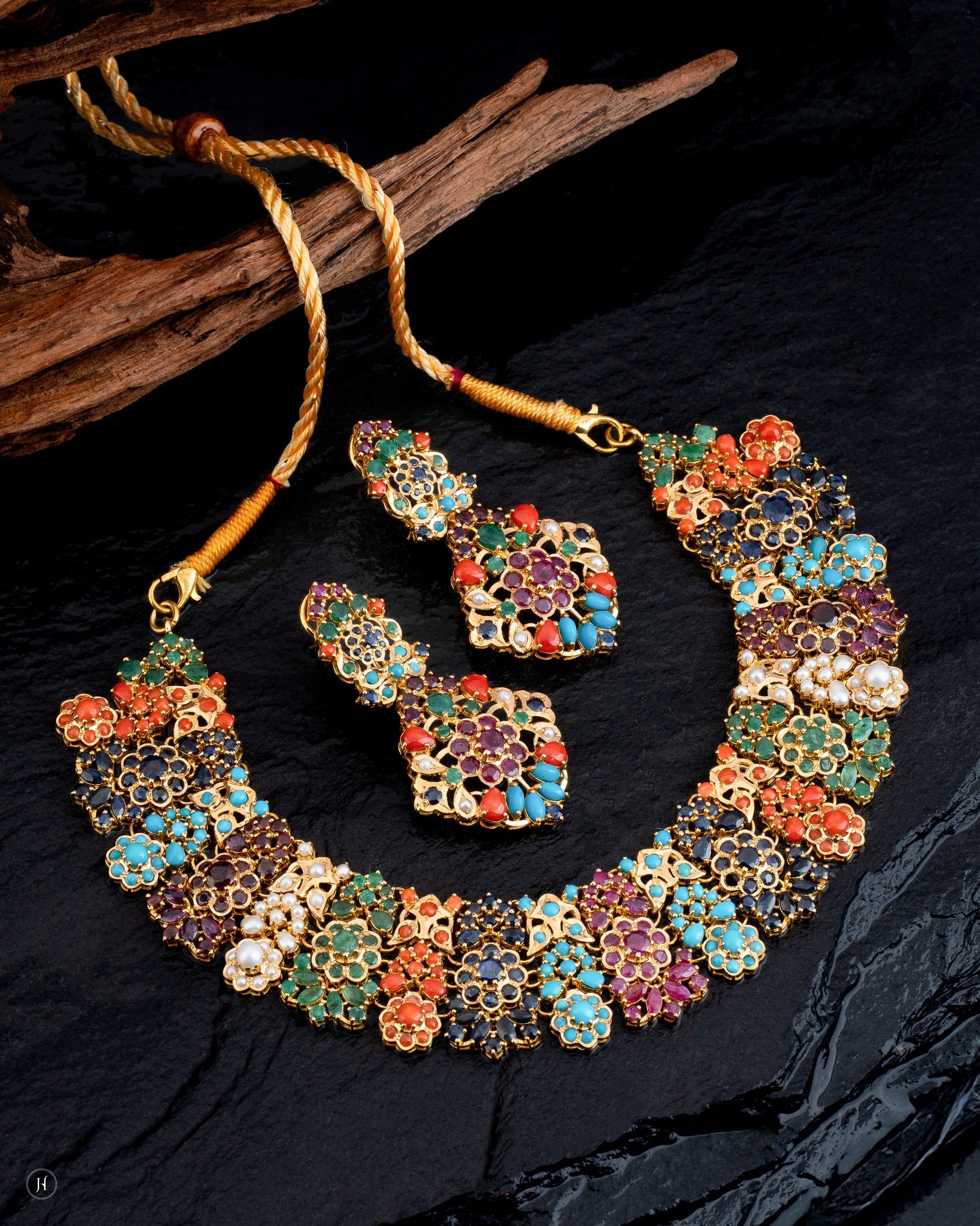 21Karat Yellow Gold Pakistani Multi-Gemstone Floral Bridal Princess Necklace Set Arab Women.