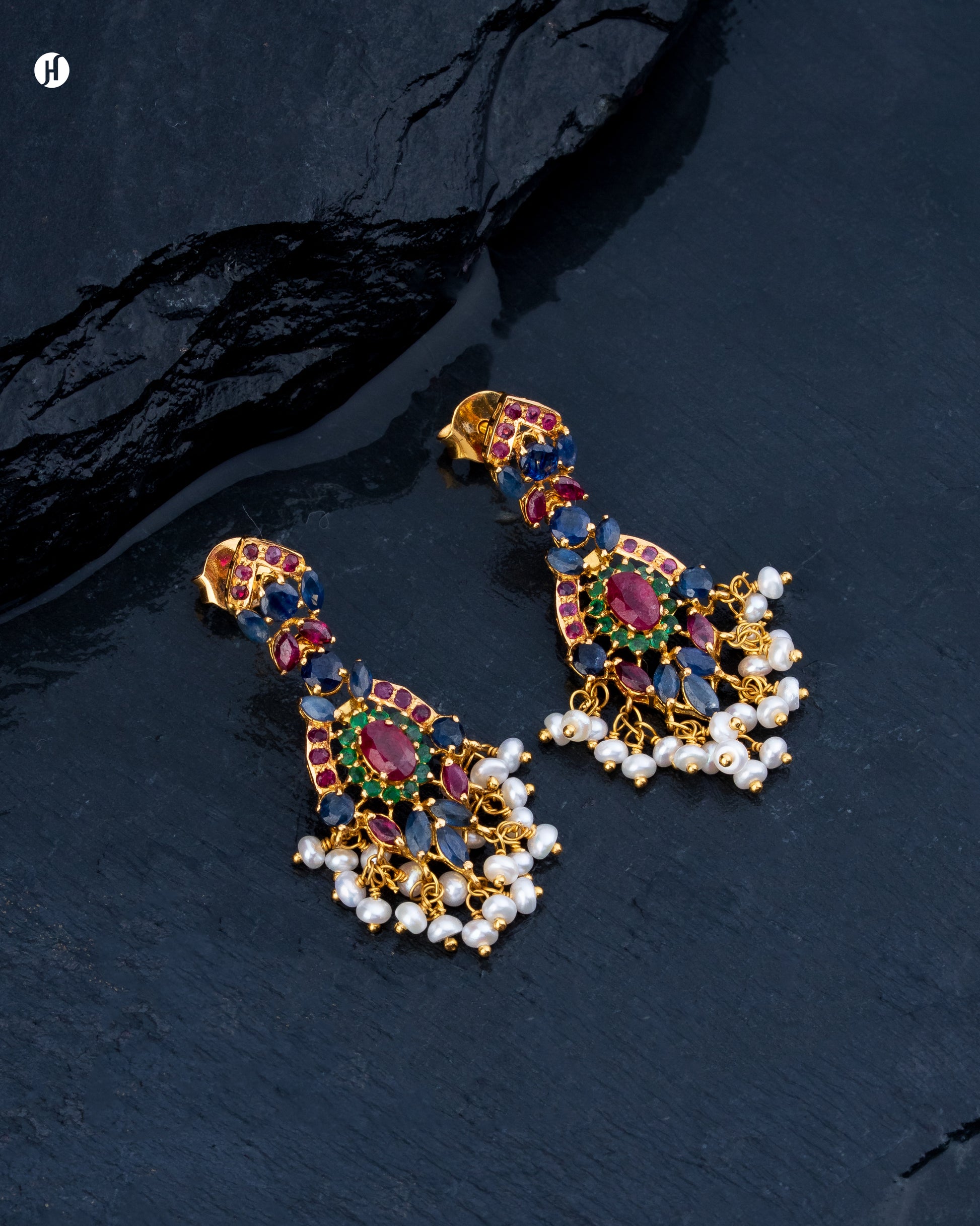 21Karat Yellow Gold Pakistani Multi-Gemstone Pearl Edge Earrings for Emirati Women.