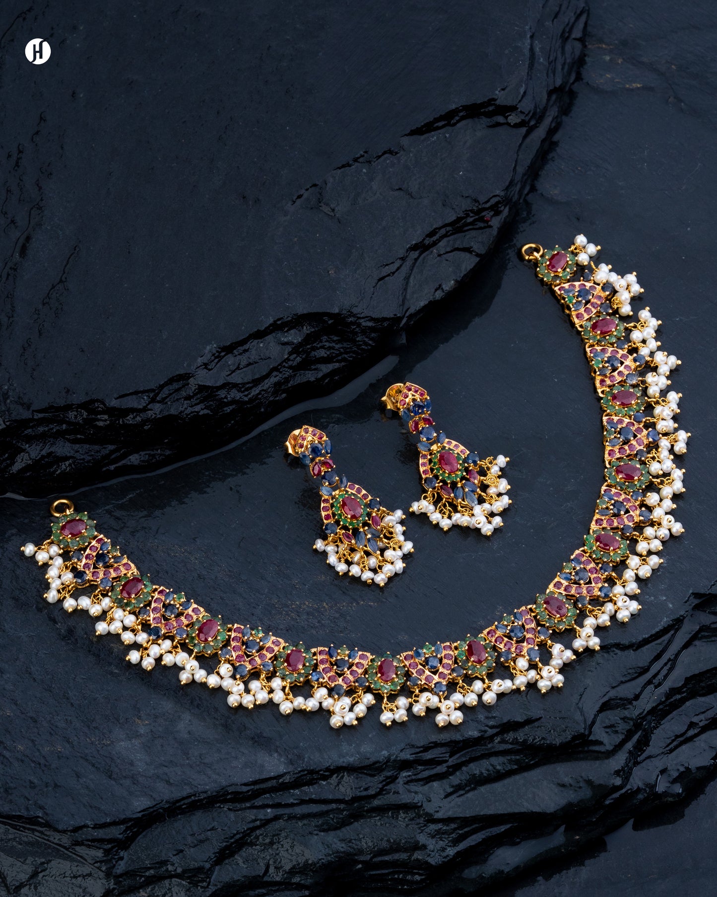 21Karat Yellow Gold Pakistani Multi-Gemstone Pearl Edge Necklace Set for Emirati Women.