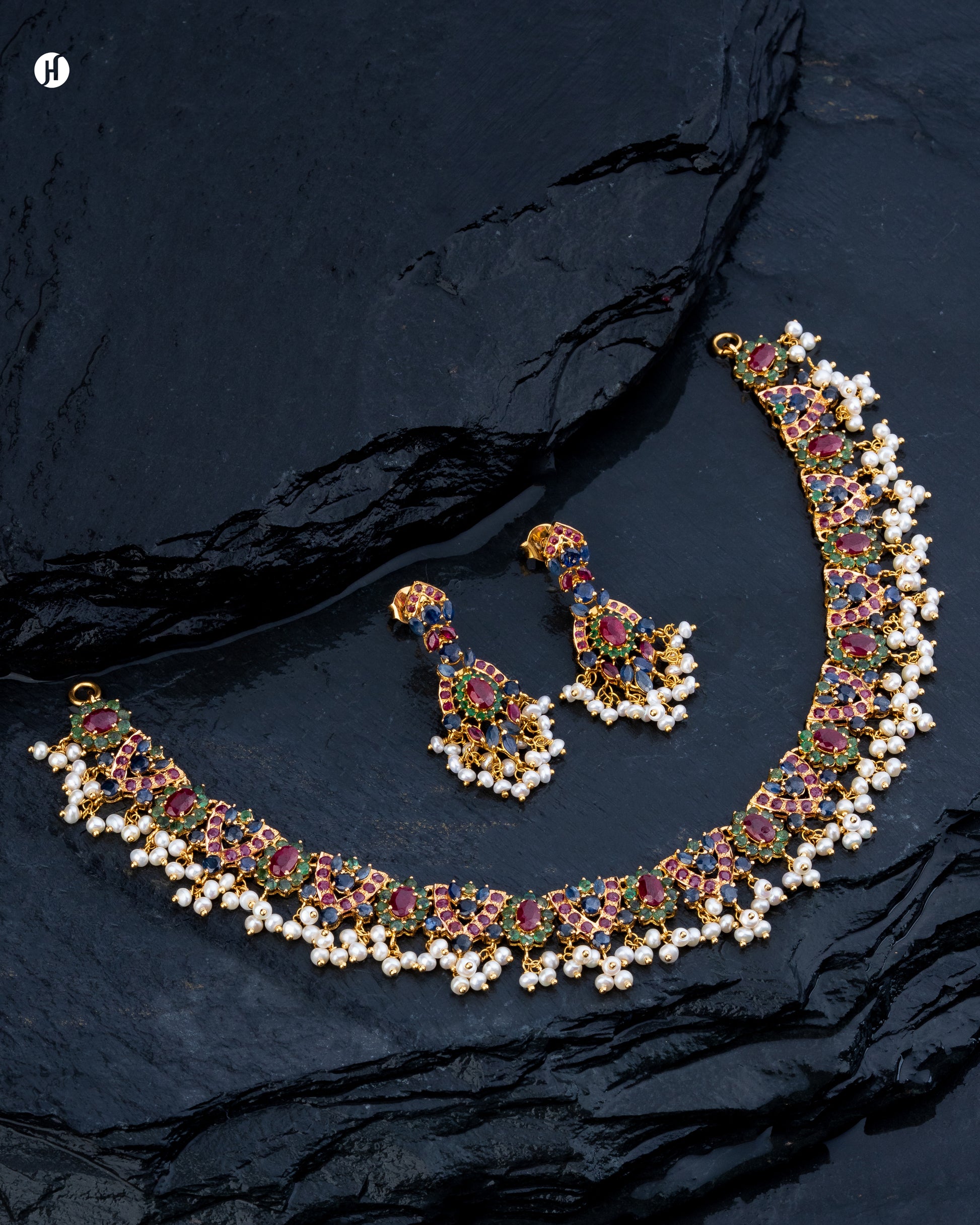 21Karat Yellow Gold Pakistani Multi-Gemstone Pearl Edge Necklace Set for Emirati Women.