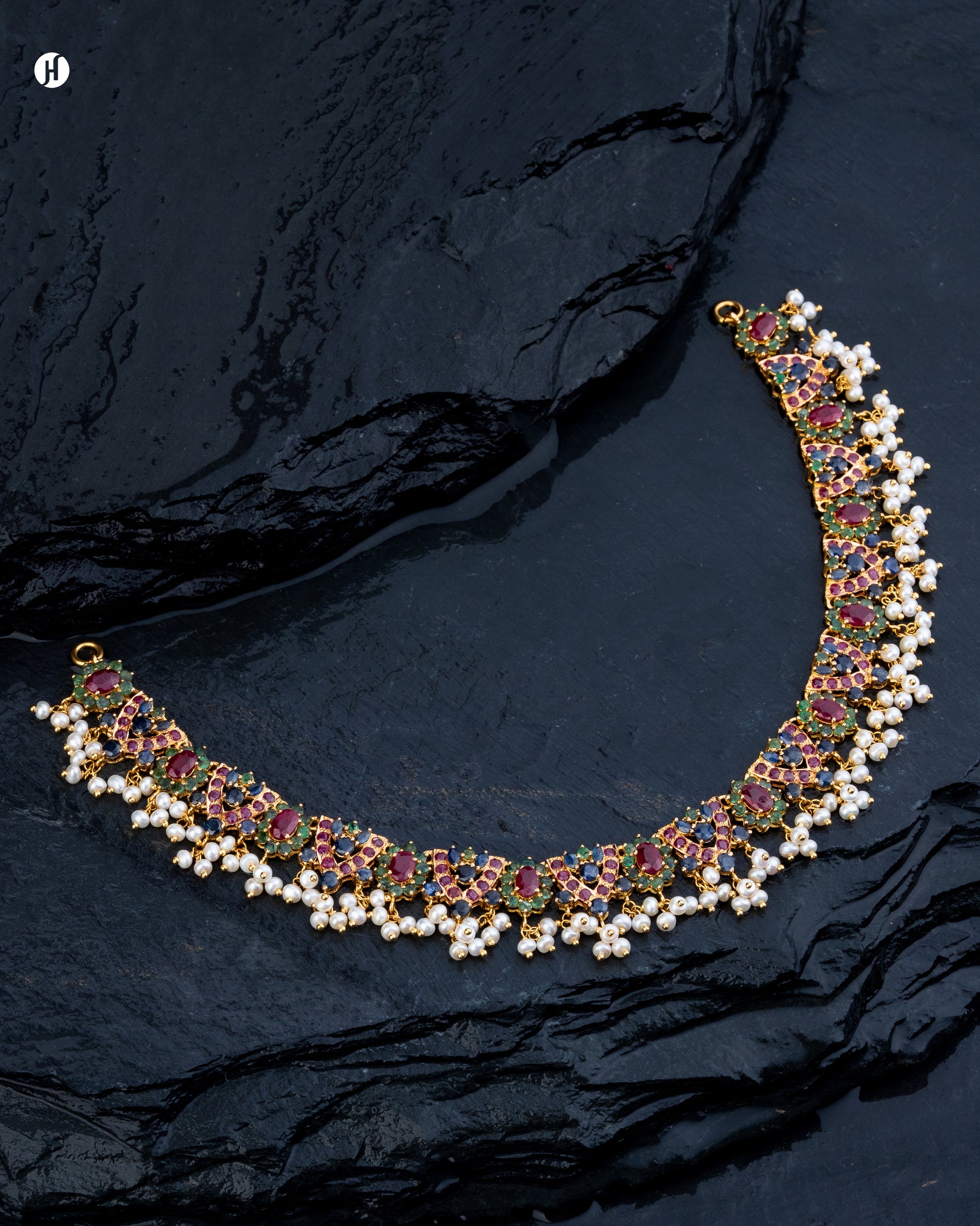 21Karat Yellow Gold Pakistani Multi-Gemstone Pearl Edge Necklace for Emirati Women.