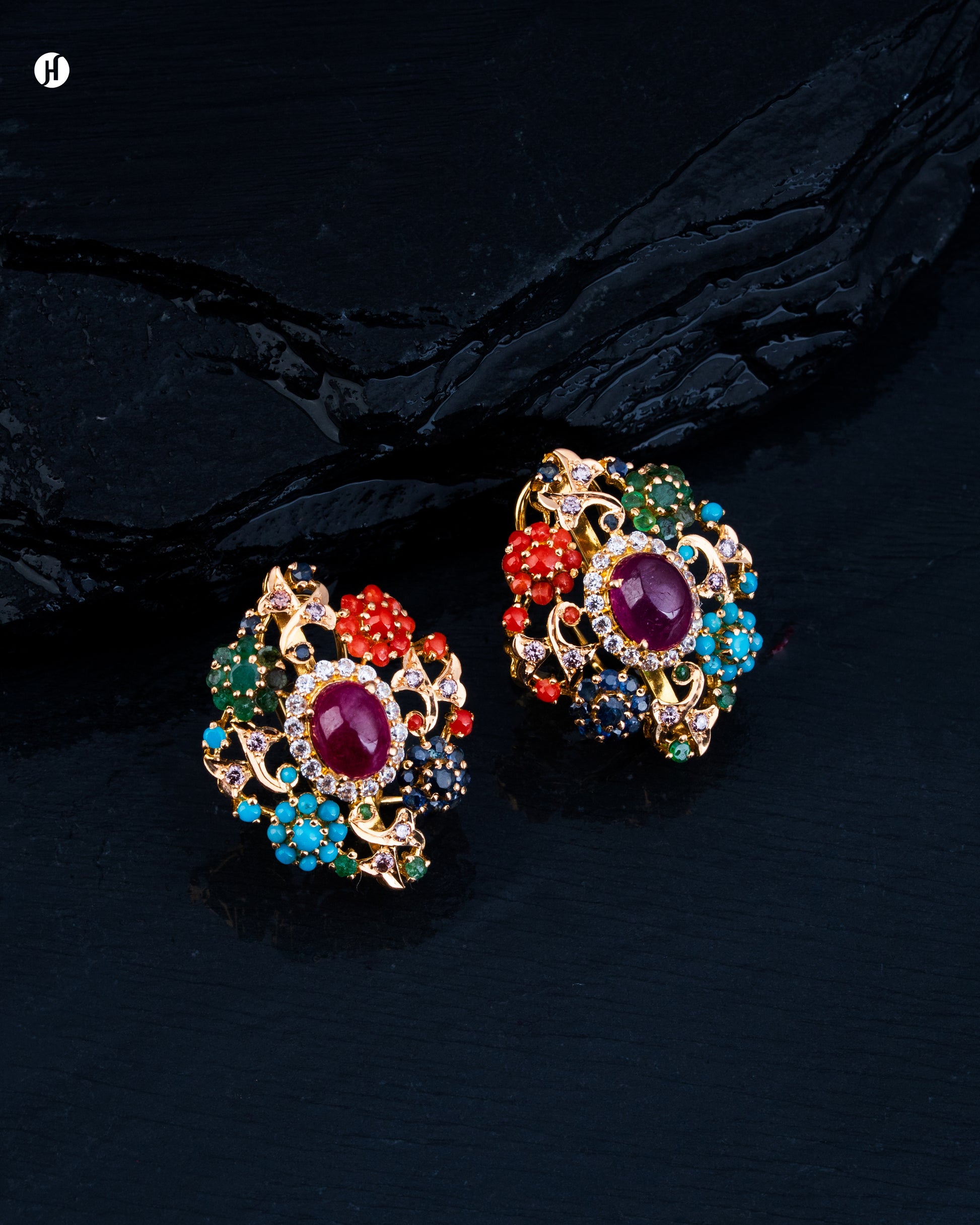 21Karat Yellow Gold Pakistani Multi-Gemstone Ruby Earrings for Khaleeji Women.