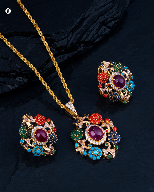 21Karat Yellow Gold Pakistani Multi-Gemstone Ruby Pendant Necklace Set for Khaleeji Women.