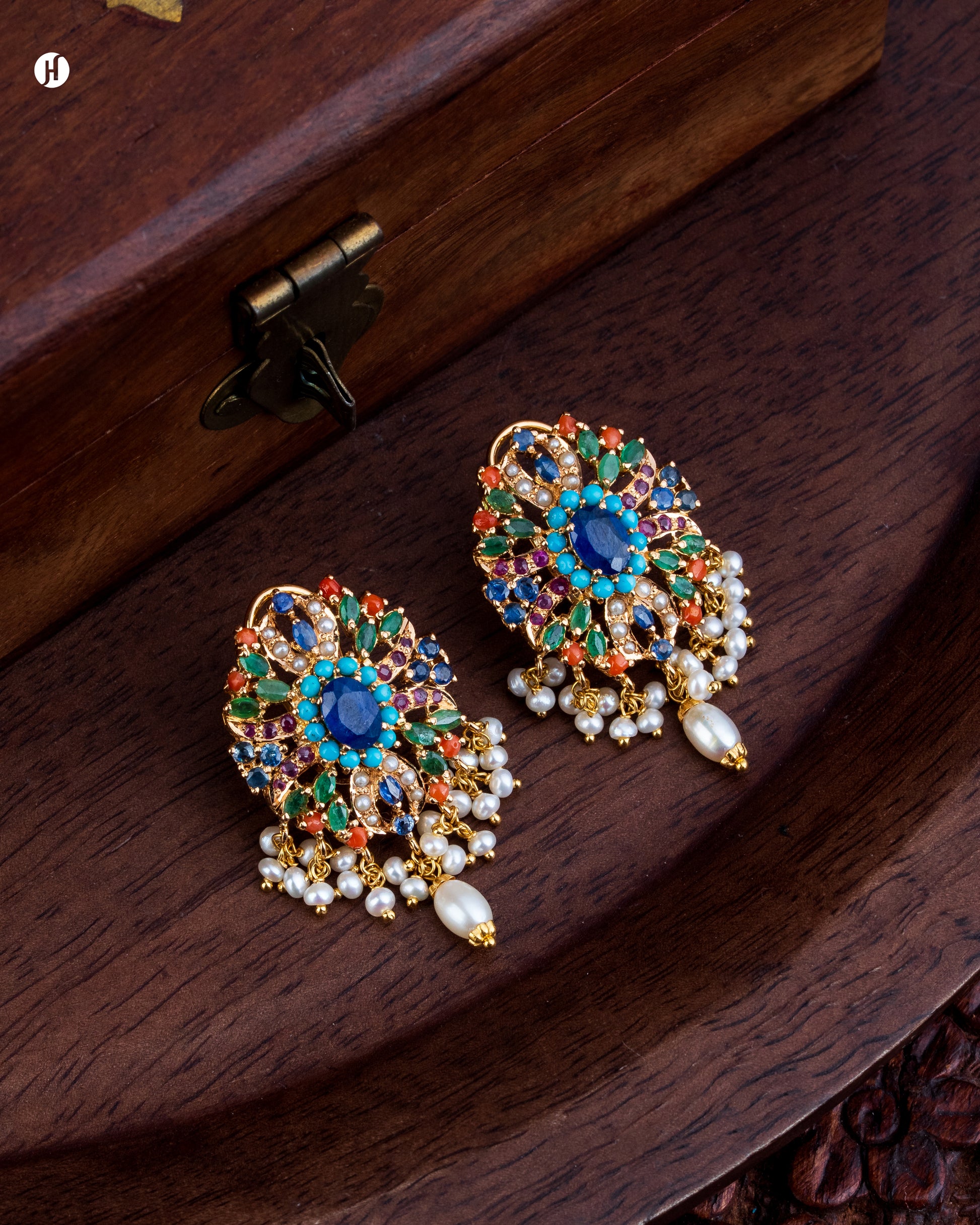 21Karat Yellow Gold Pakistani Multi-Strand Gemstone Pearl Bridal Earrings for Ladies.