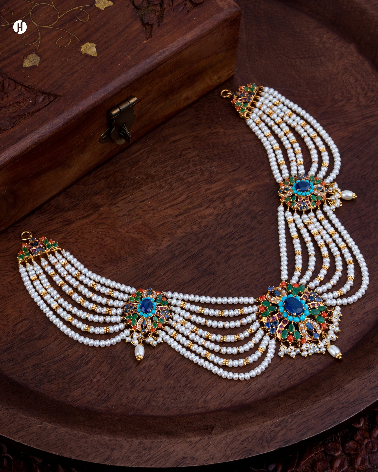 21Karat Yellow Gold Pakistani Multi-Strand Gemstone Pearl Bridal Necklace for Ladies.