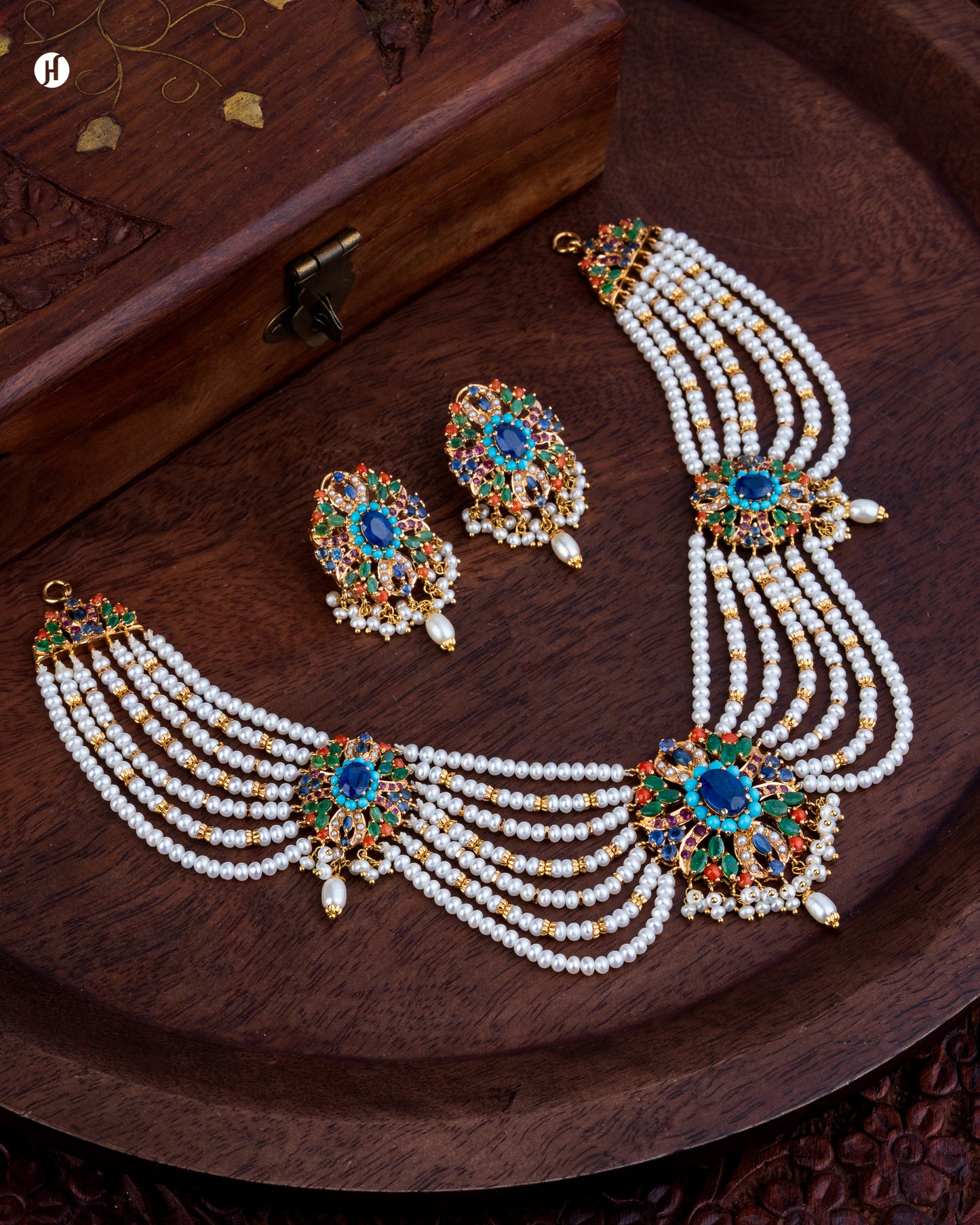 21Karat Yellow Gold Pakistani Multi-Strand Gemstone Pearl Bridal Necklace Set for Ladies.