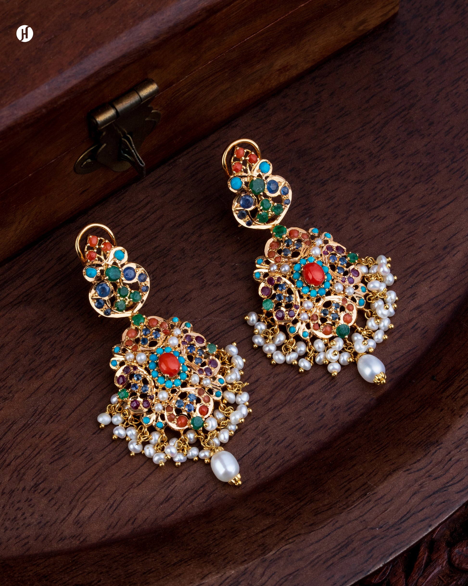 21Karat Yellow Gold Pakistani Multi-Strand Pearl Gemstone Bridal Earrings Set for Ladies