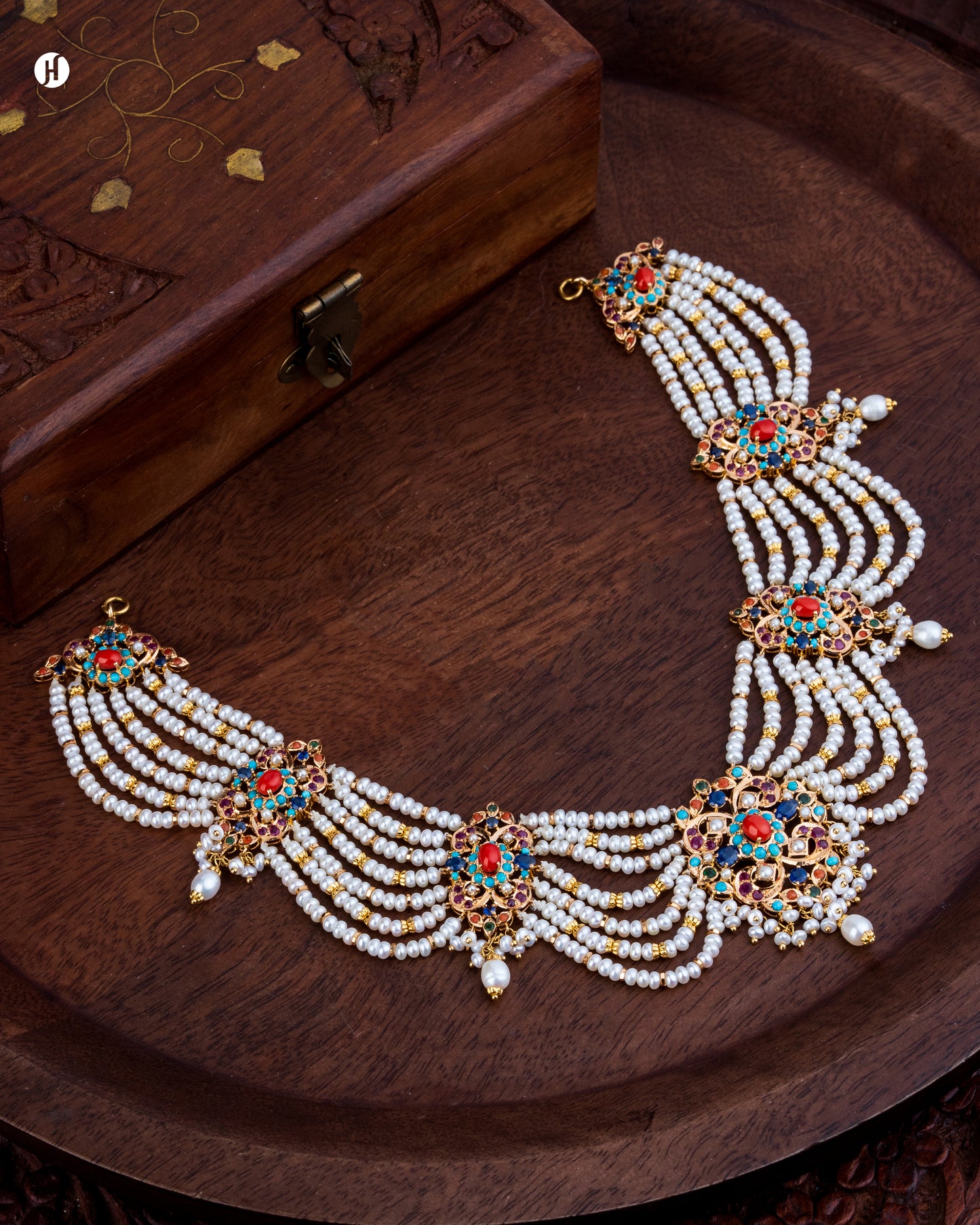 21Karat Yellow Gold Pakistani Multi-Strand Pearl Gemstone Bridal Necklace for Ladies