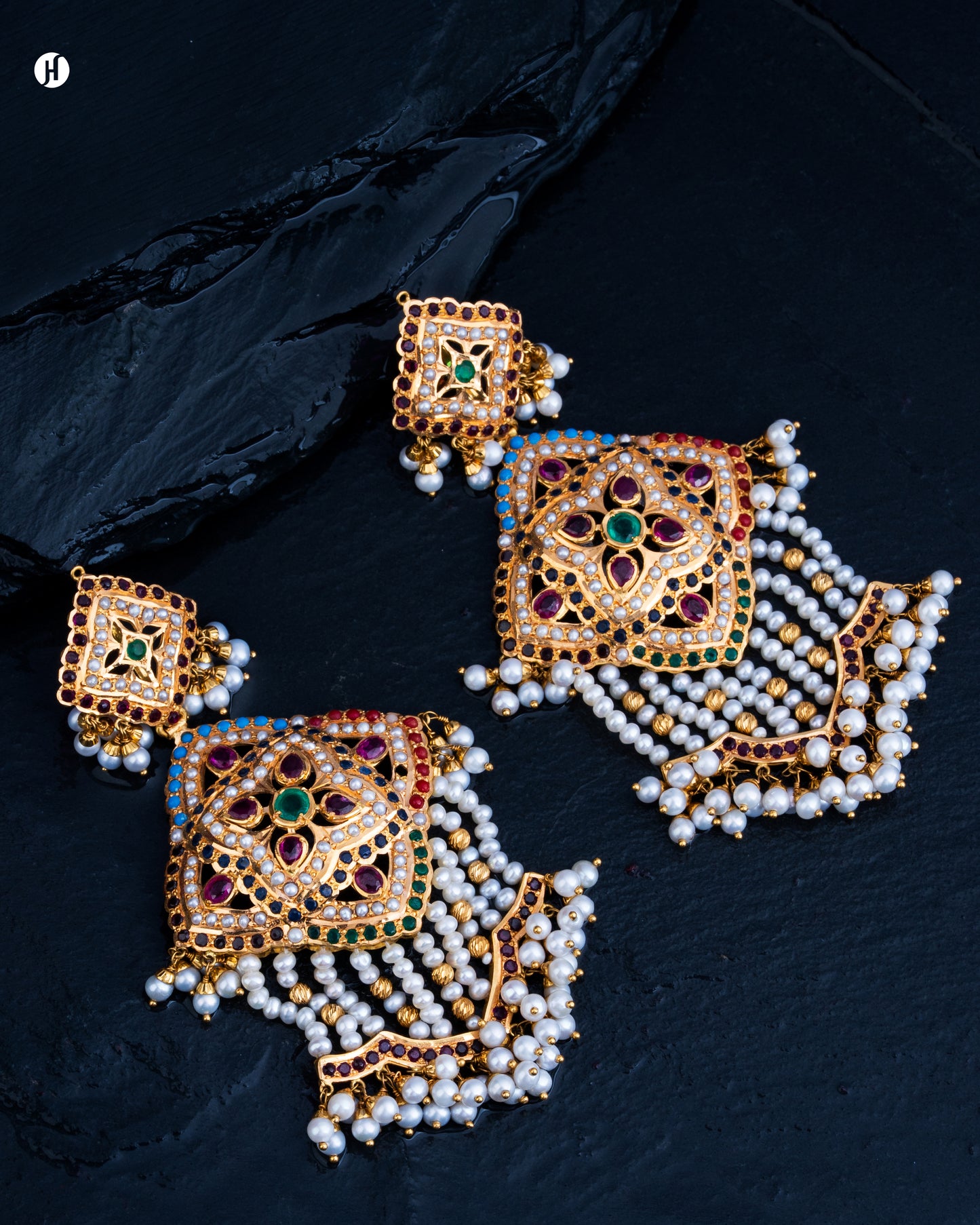 21Karat Yellow Gold Pakistani Multi-Strand Pearl Majestic Floral Earrings.