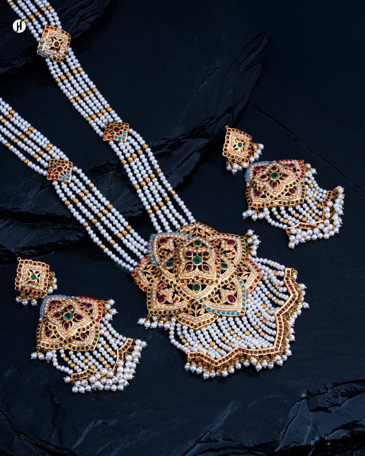 21Karat Yellow Gold Pakistani Multi-Strand Pearl Majestic Floral Necklace set.
