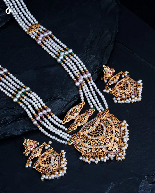 21Karat Yellow Gold Pakistani Multi-Strand Pearl Traditional Necklace Set for Khaleeji Women.