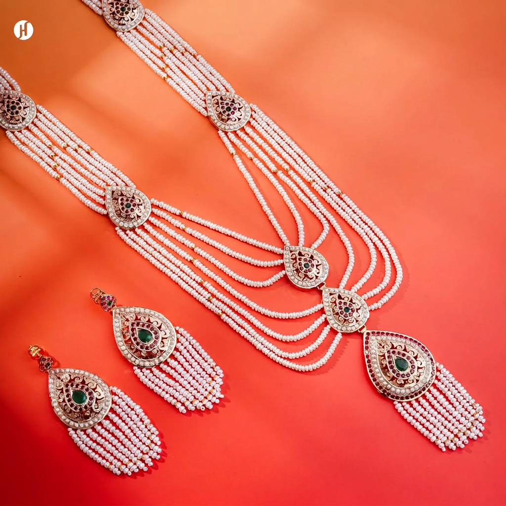 21Karat Yellow Gold Pakistani Multi-strand Freshwater Pearl Bridal Necklace Set for Khaleeji Women In UAE.