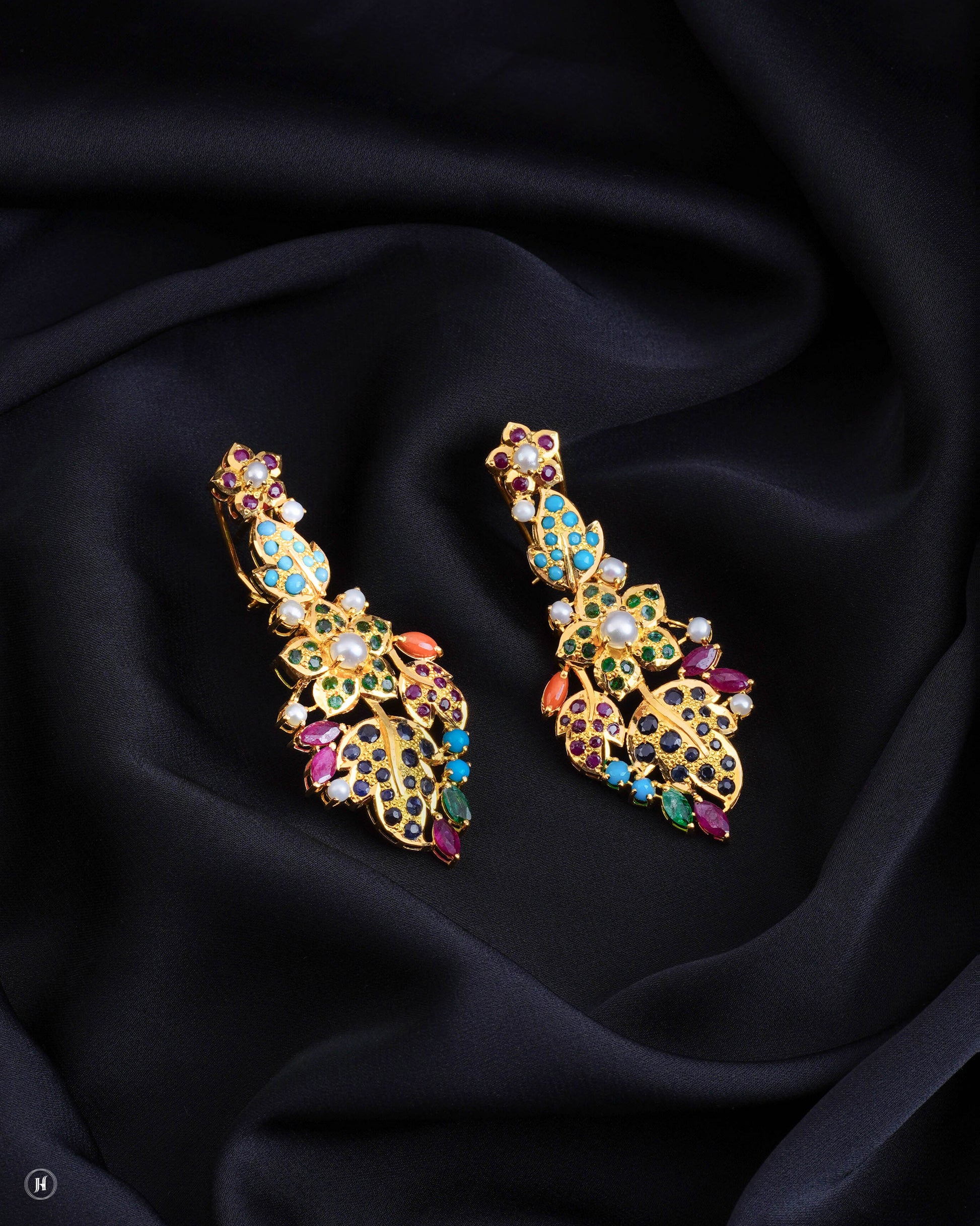 21Karat Yellow Gold Pakistani Multicolor Gemstone Floral Earrings | Online Jewellery Store in UAE