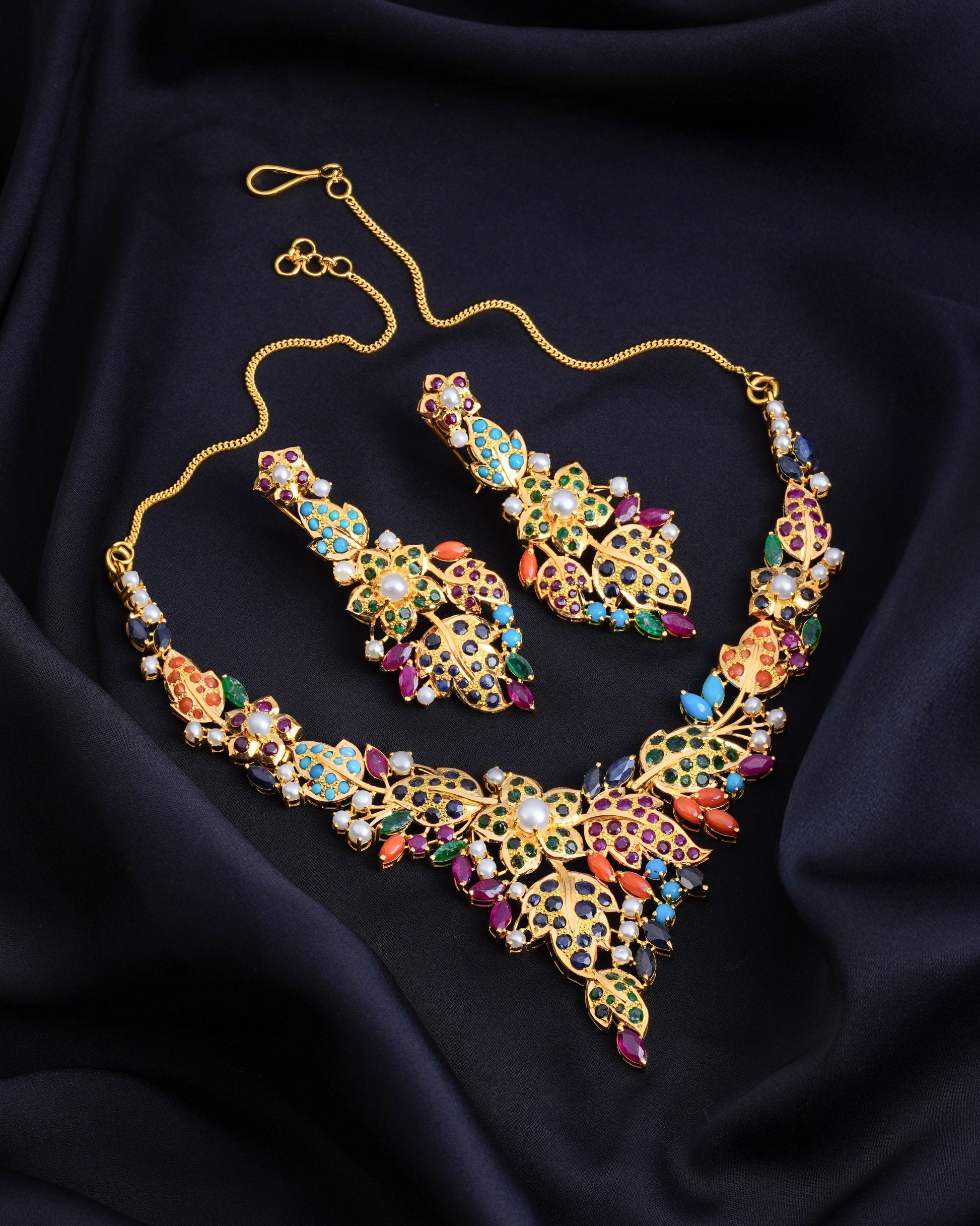 21Karat Yellow Gold Pakistani Multicolor Gemstone Floral Necklace Set | Online Jewellery Store in UAE