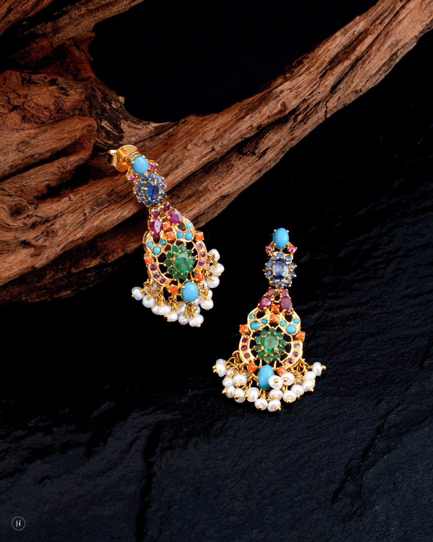 21Karat Yellow Gold Pakistani Multicolor Gemstone Pearl Earrings.