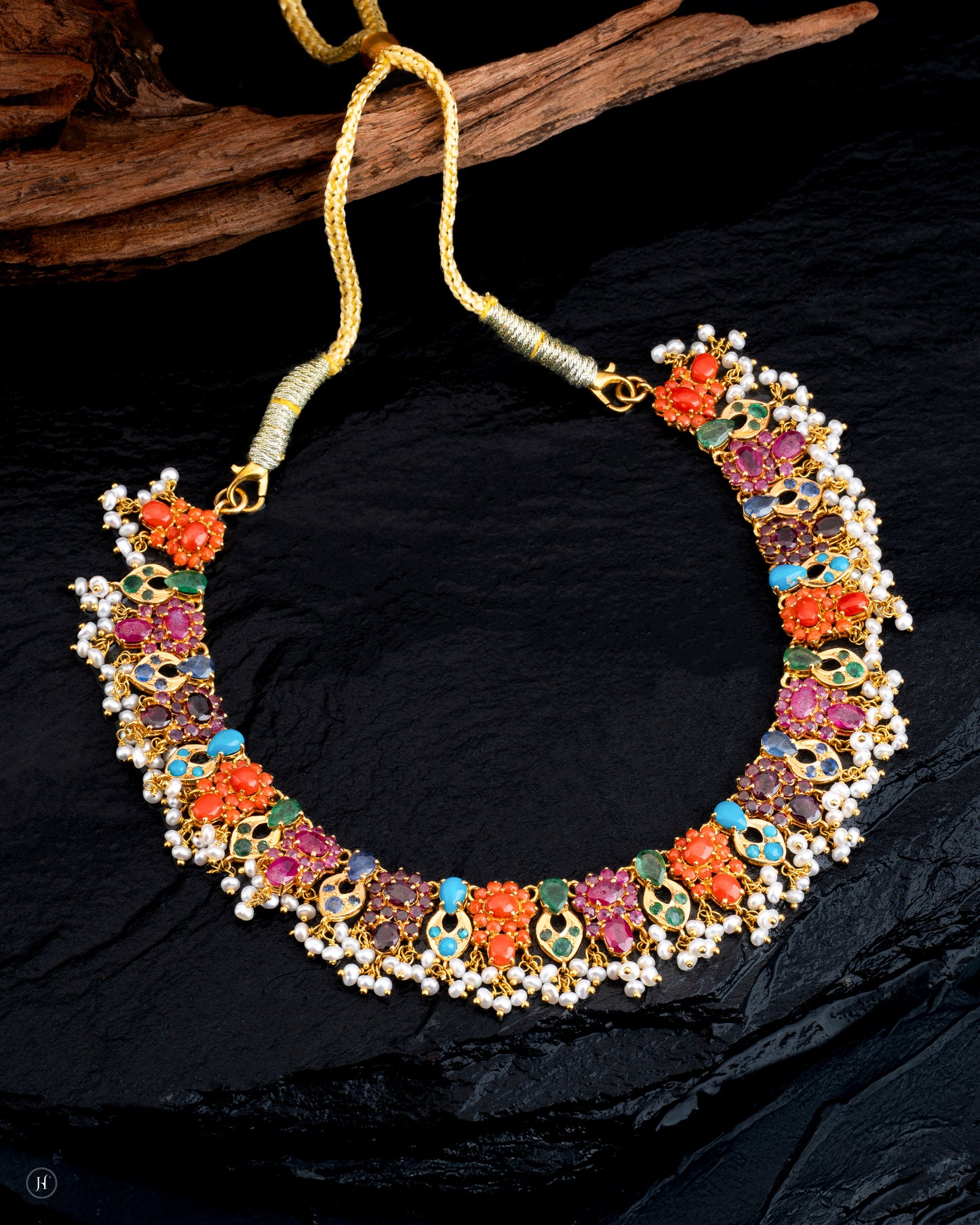 21Karat Yellow Gold Pakistani Multicolor Gemstone Pearl Necklace